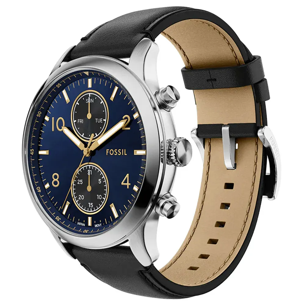 萬年鐘錶 - Fossil   Bennett  藍面盤紳士皮革款男錶 BQM7104 錶徑45MM