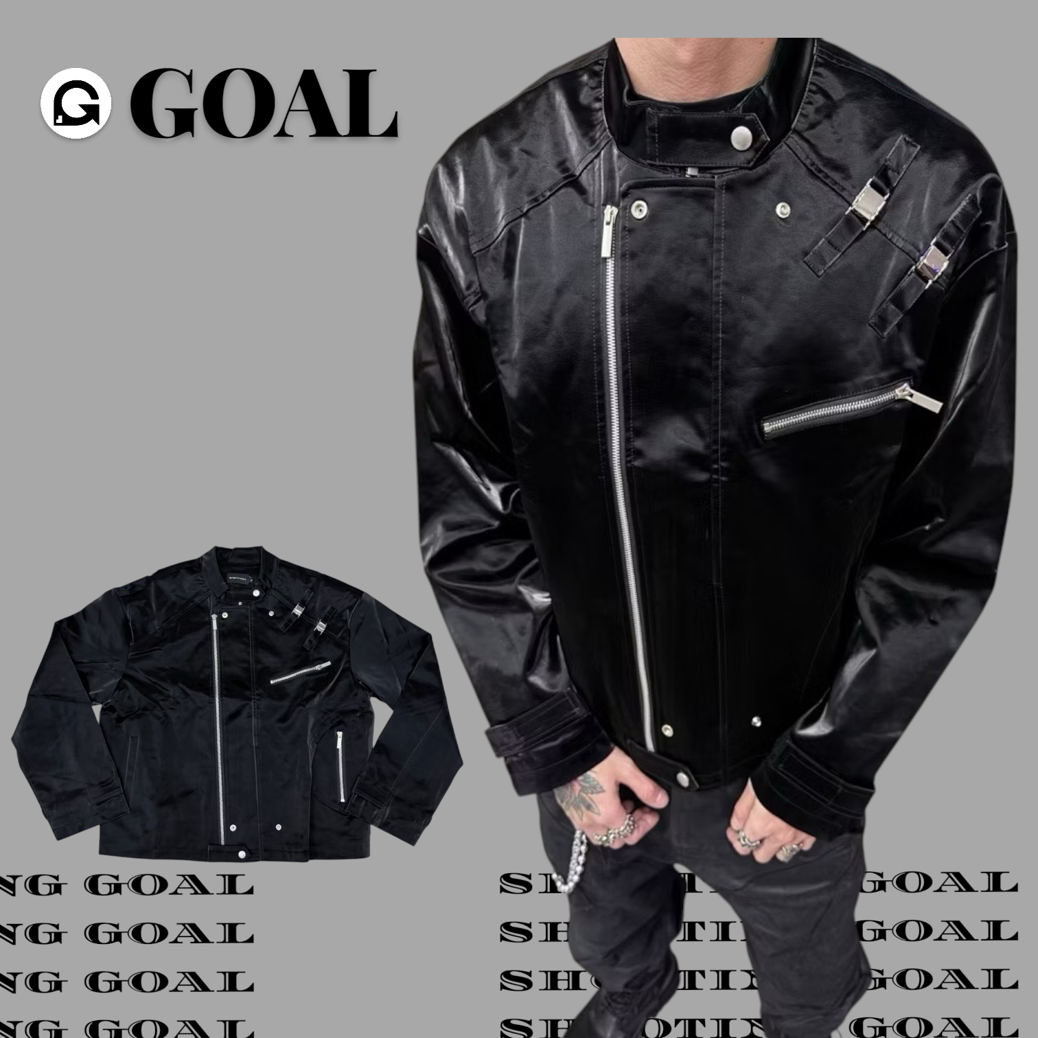 (GOAL) ECHO 皮外套 緞面 機車外套 外套 夾克男 解構 層次 外套 ECH-062