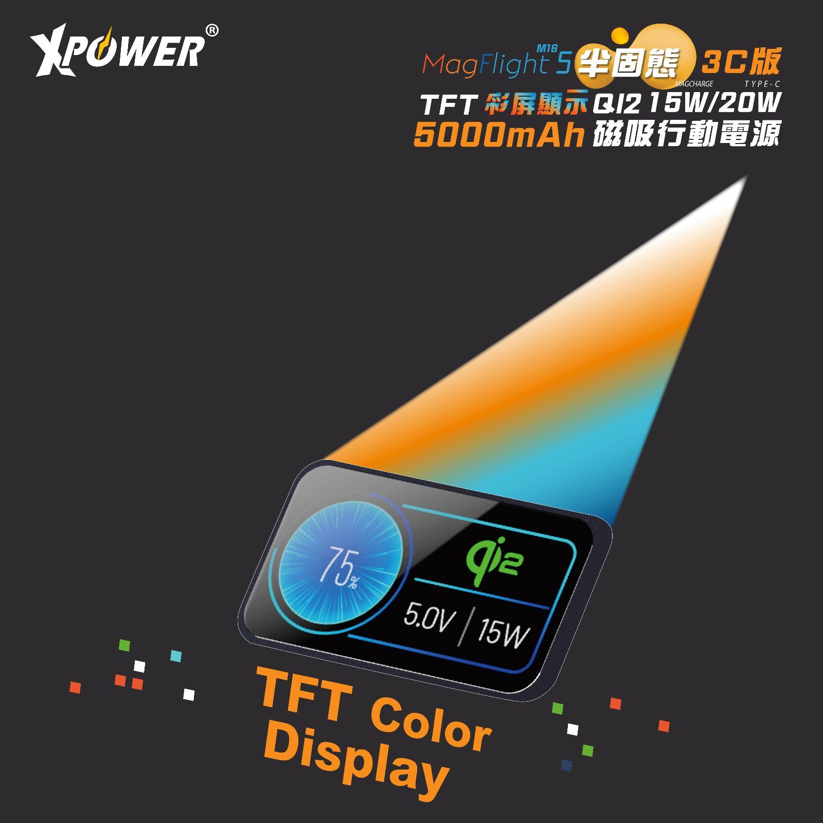 XPower MagFlight 5 M16 鋁合金半固態TFT彩屏顯示 QI2 15W/20W 5000mAh 磁吸行動電源 -CCC認證