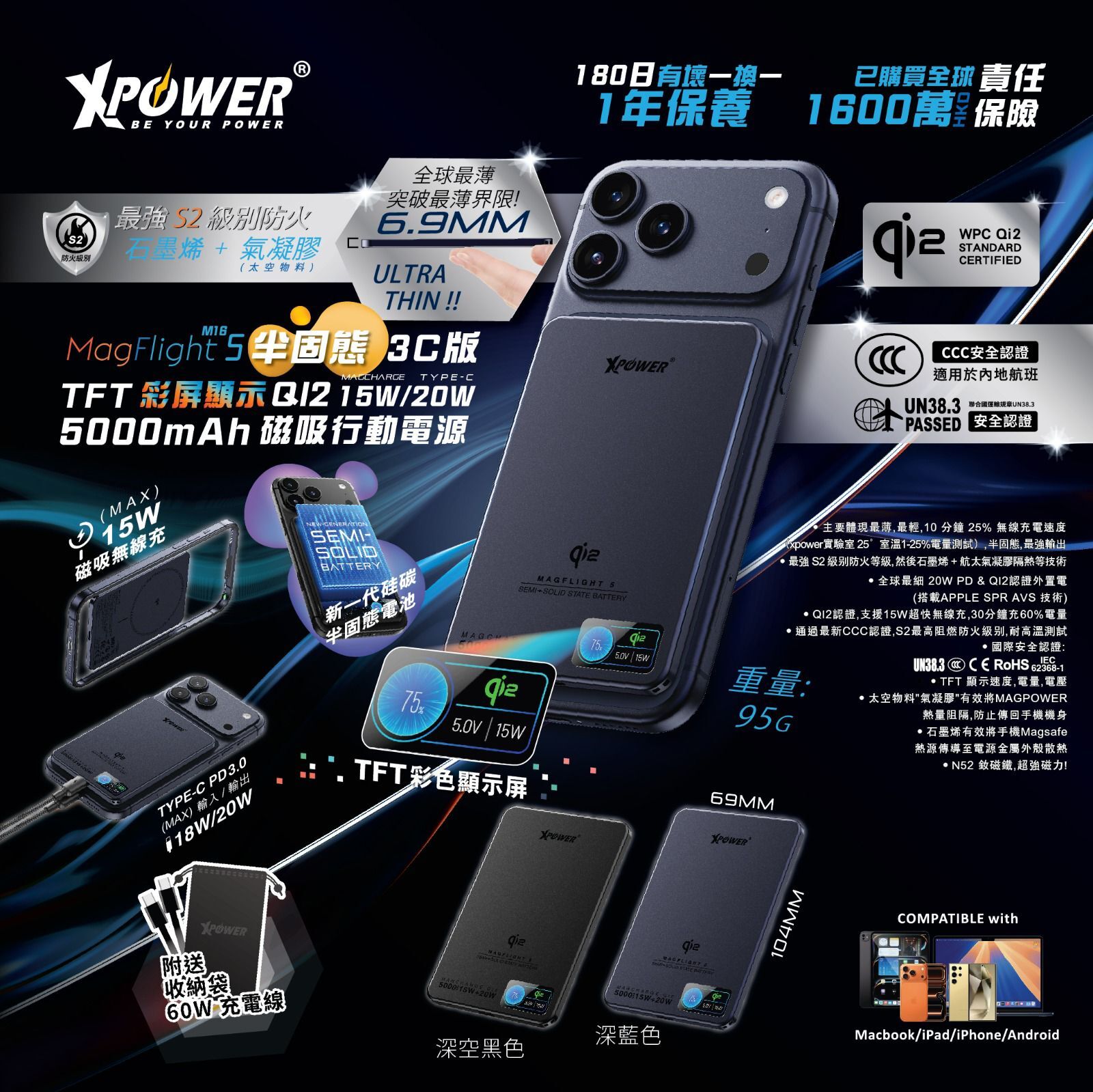 XPower MagFlight 5 M16 鋁合金半固態TFT彩屏顯示 QI2 15W/20W 5000mAh 磁吸行動電源 -CCC認證