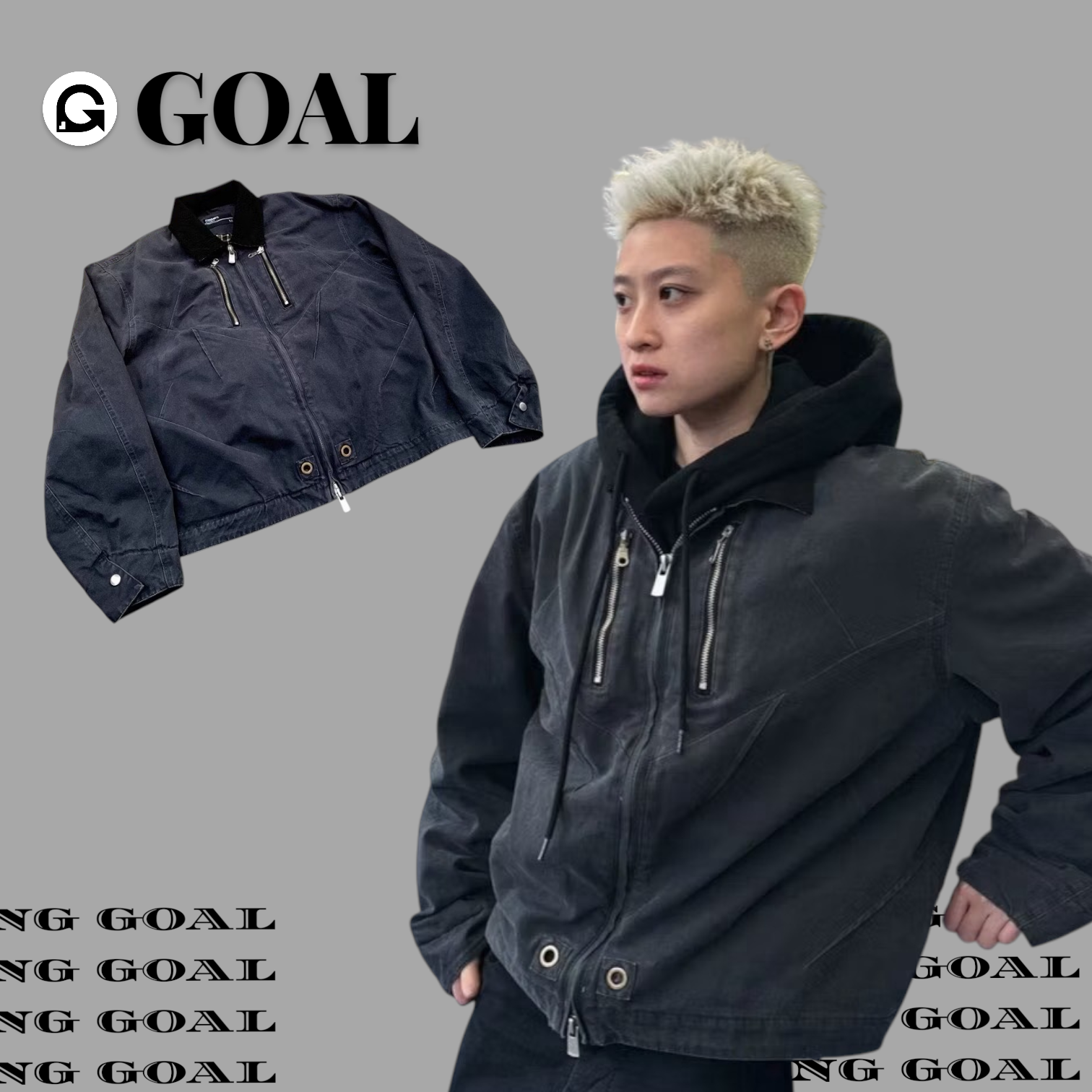 (GOAL) ECHO 工作外套 短寬版型 格紋 解構 鯊魚鰭 外套 ECH-061