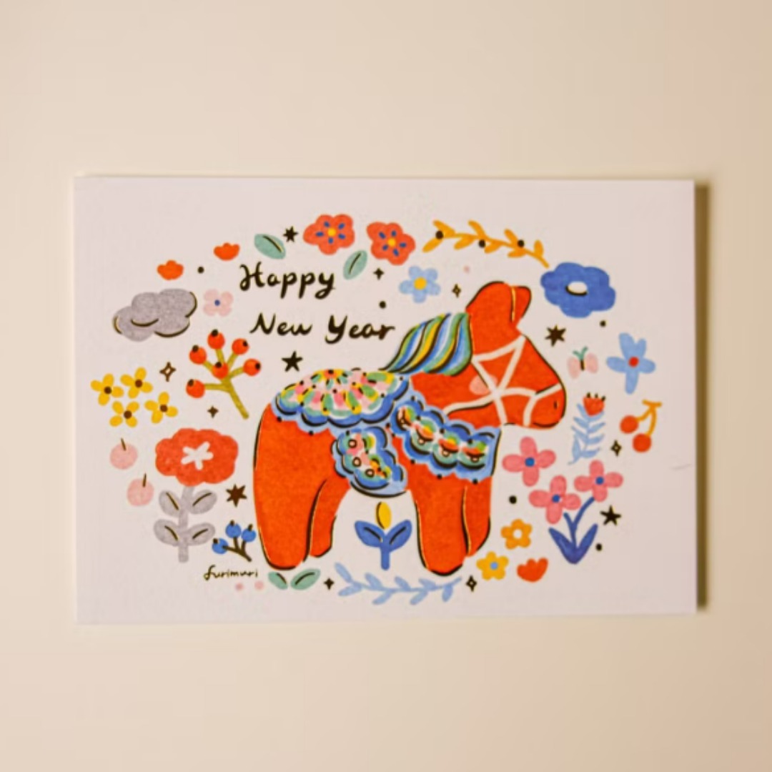 達拉木馬的新年祝福 馬年 燙金明信片｜毛乖畫鹿 Furimuri 台灣