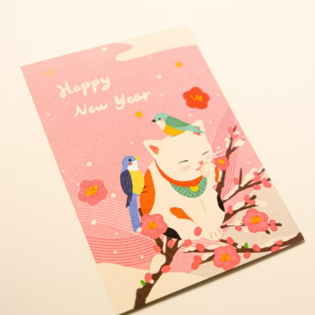 小鳥與貓新年快樂 新年明信片｜毛乖畫鹿 Furimuri 台灣