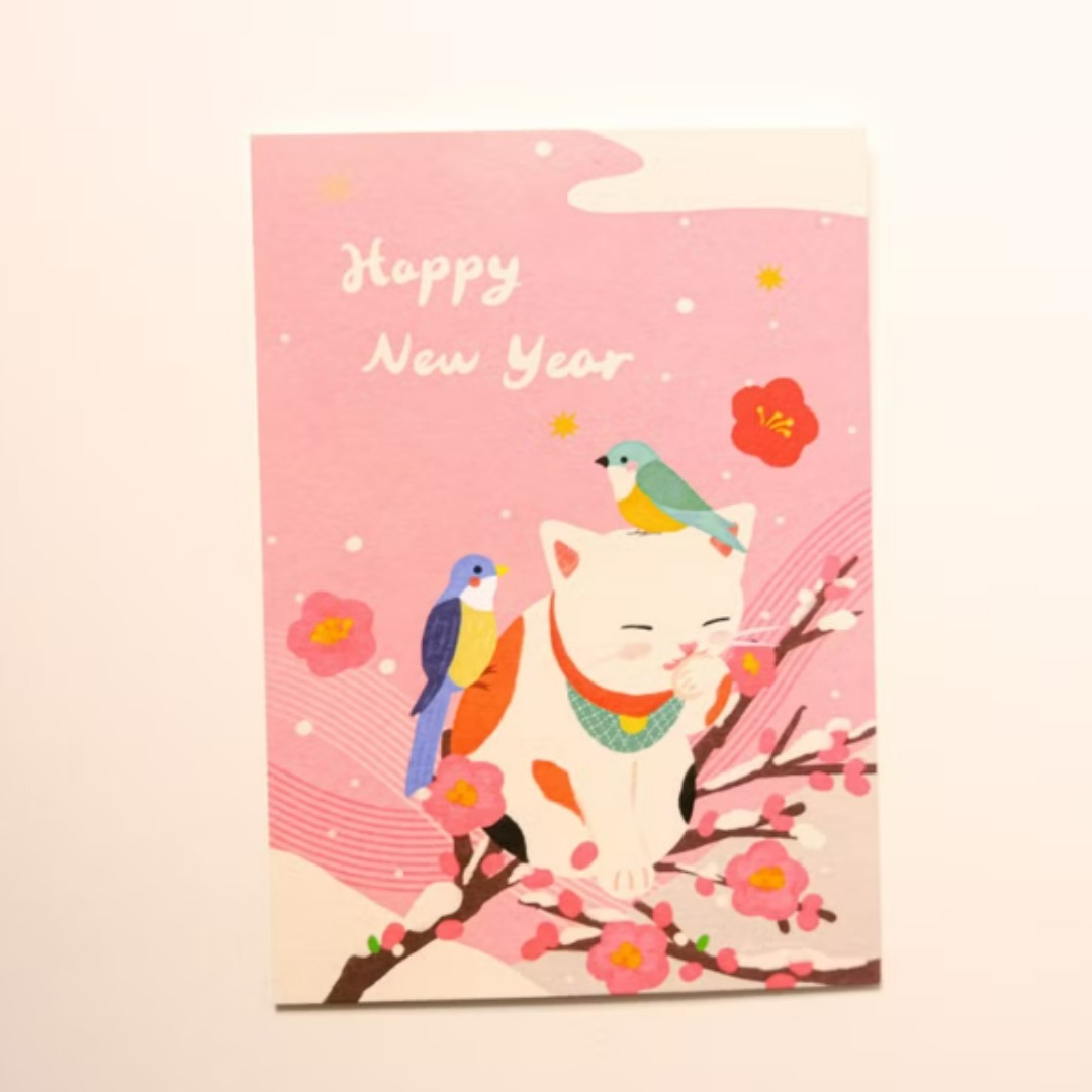 小鳥與貓新年快樂 新年明信片｜毛乖畫鹿 Furimuri 台灣