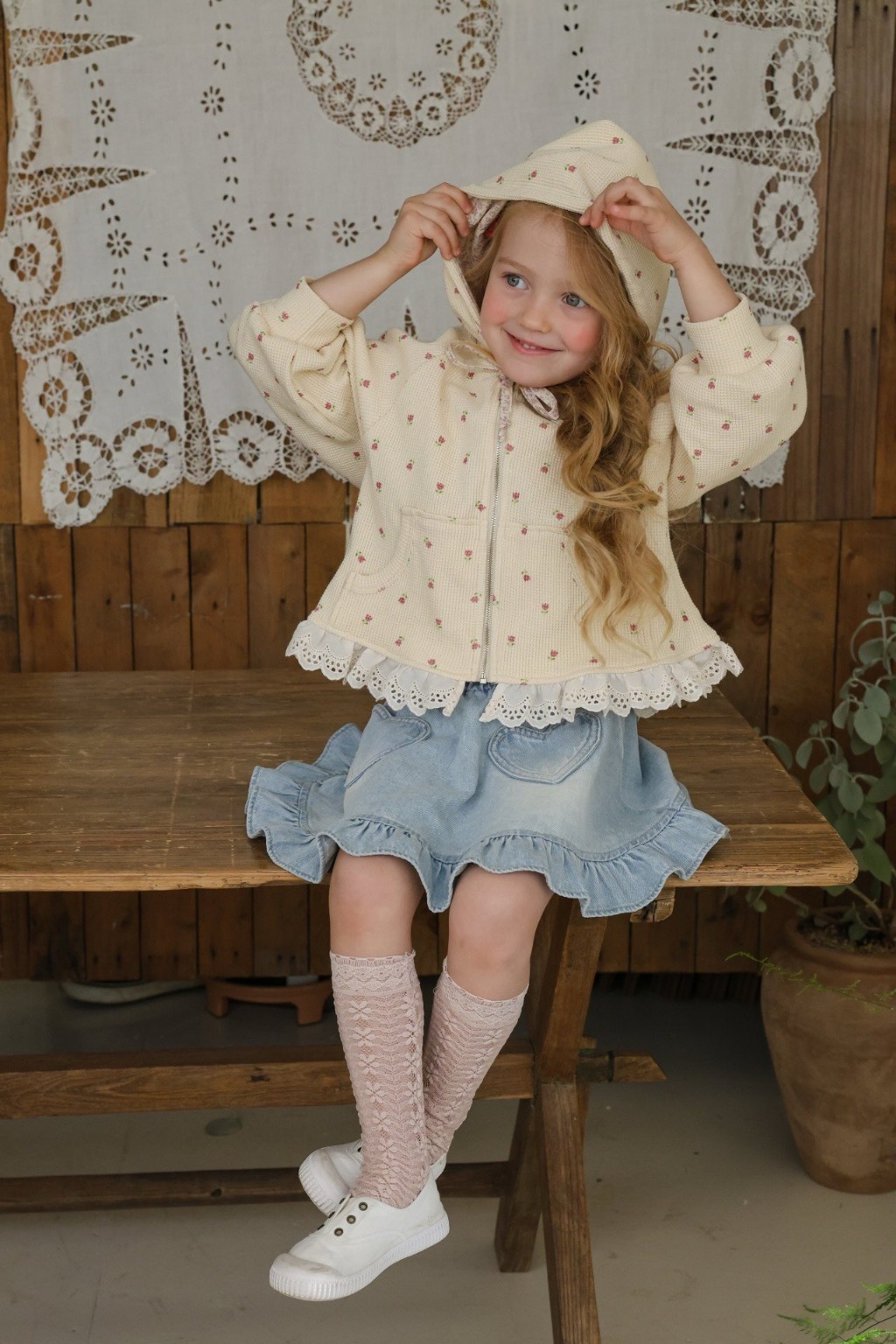 華夫格連帽蕾絲外套