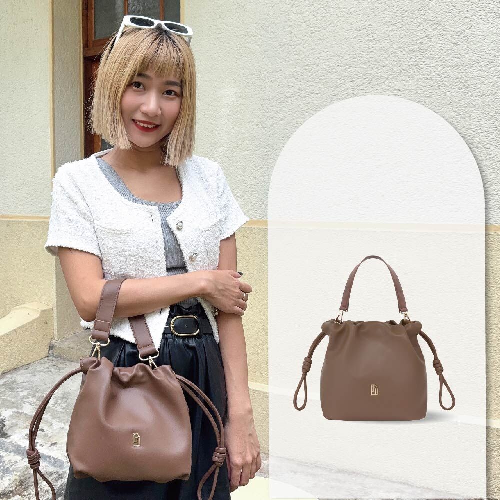 束口皮革慵懶包(小)-咖啡