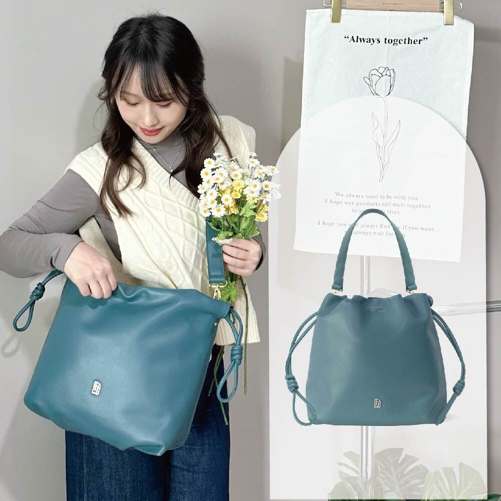 束口皮革慵懶包(中)-玄青