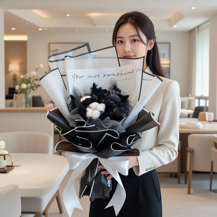 優雅的長髮女孩穿著白色上衣和黑色褲子，手持約50cm高的黑白花束，包含棉花,香皂花,背景為室內休息室