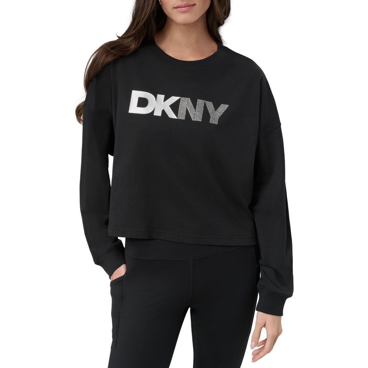 4G194 DKNY 銀色Logo短身長袖上衣黑色