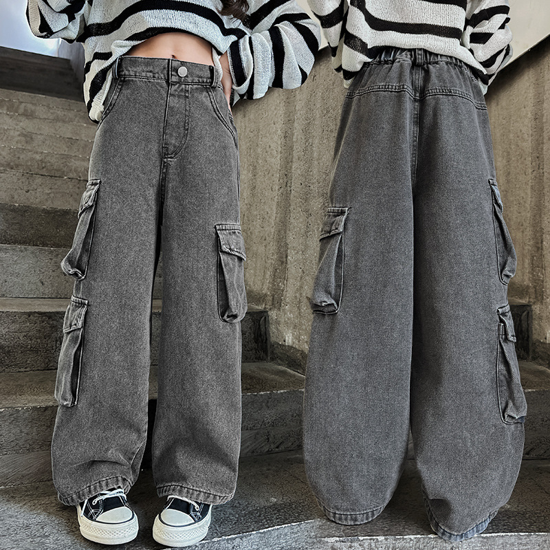 【H0183】中大童休閒帥氣工裝牛仔寬褲(120-170)