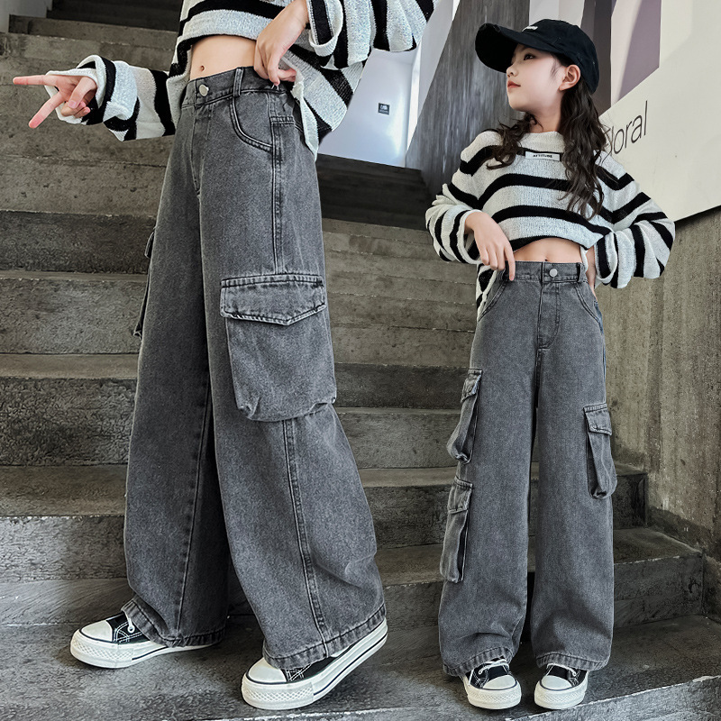 【H0183】中大童休閒帥氣工裝牛仔寬褲(120-170)