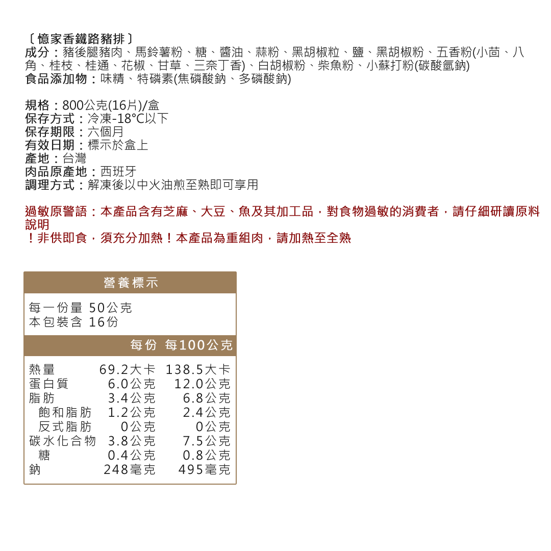 憶家香鐵路豬排成分資訊