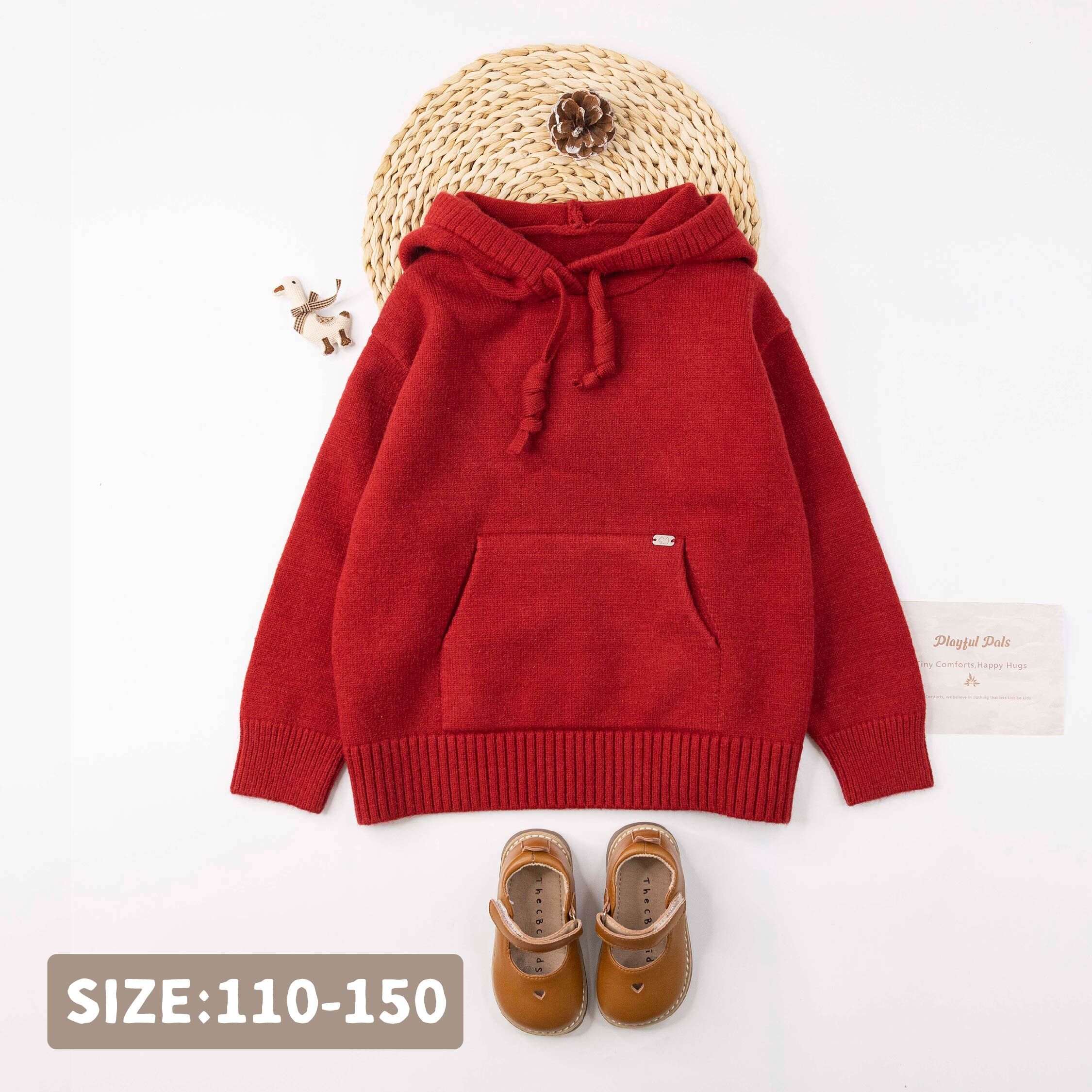 【H55752】簡約百搭紅通通連帽針織上衣