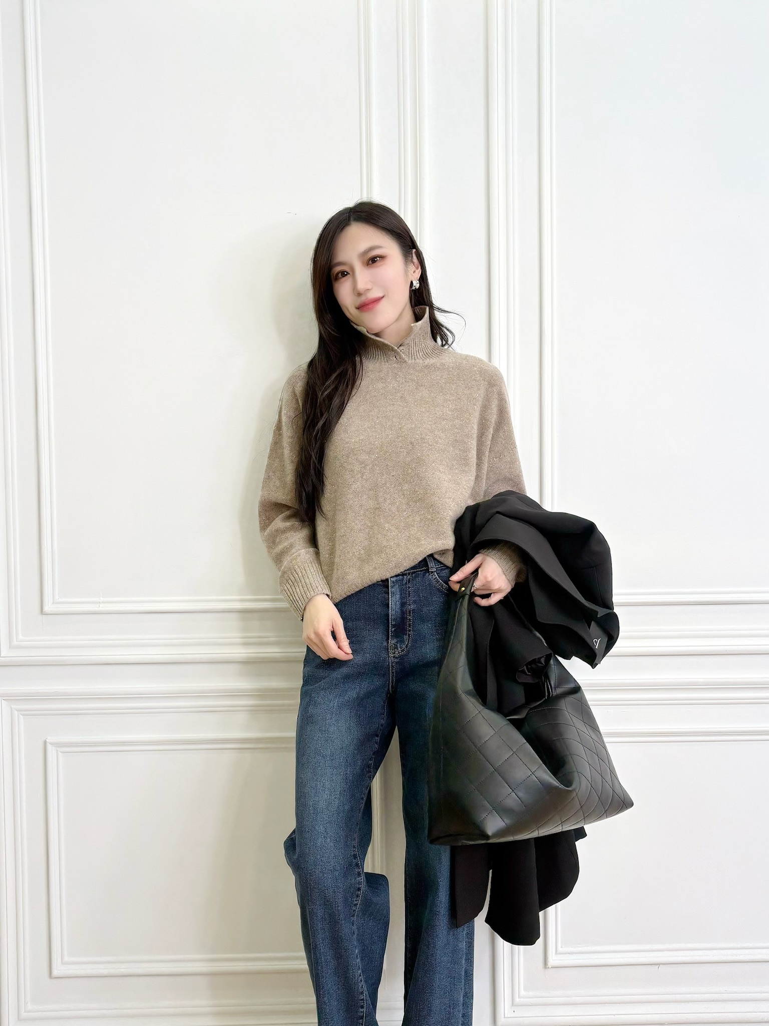 細閃立領鈕扣針織上衣