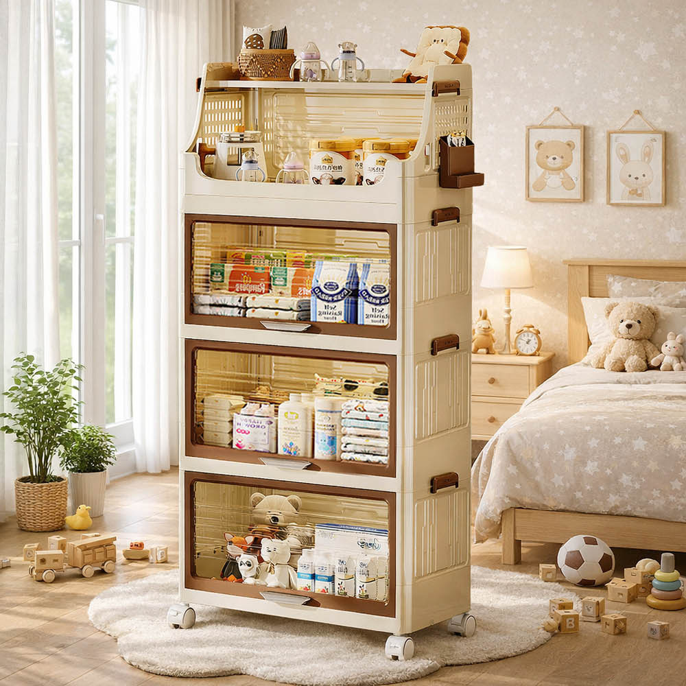 【AOTTO】58面寬可可風翻蓋附輪四層收納櫃(AC-608C)