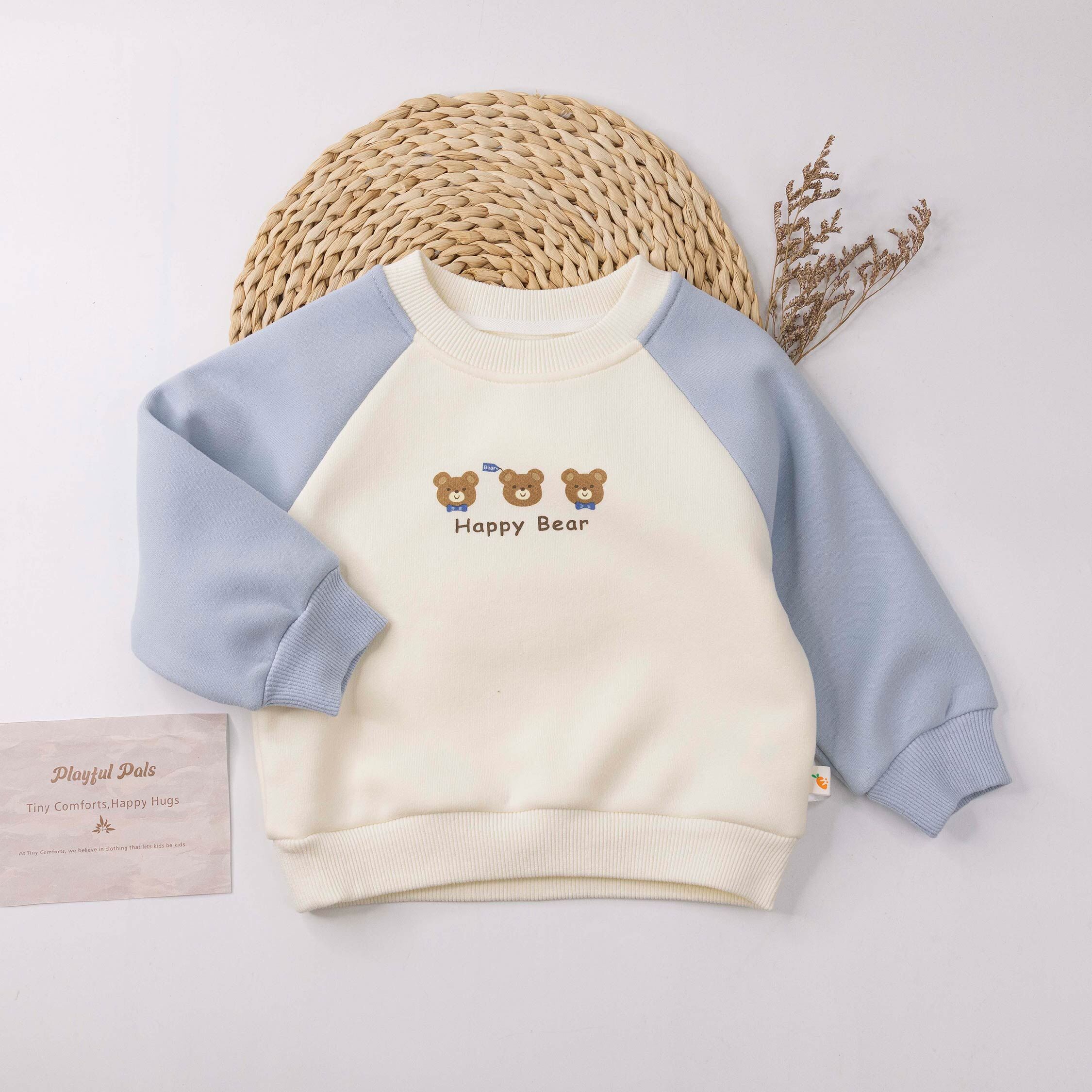 【H55860】快樂熊拼接袖刷毛上衣＊二色