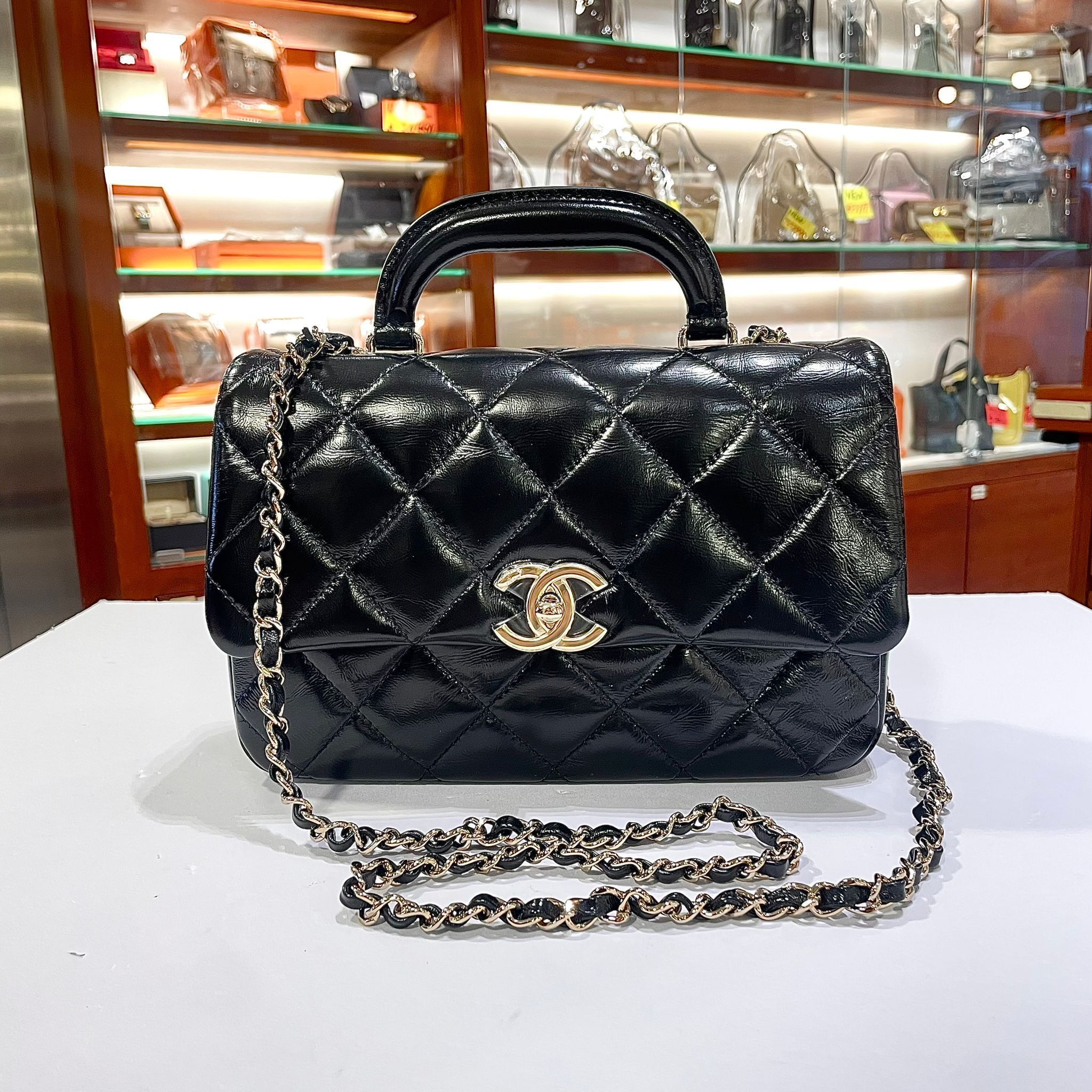 全新CHANEL Flapbag with Top Handle AS4544 黑色油蠟羊皮淡金扣 #BRAND NEW #香榭站正品