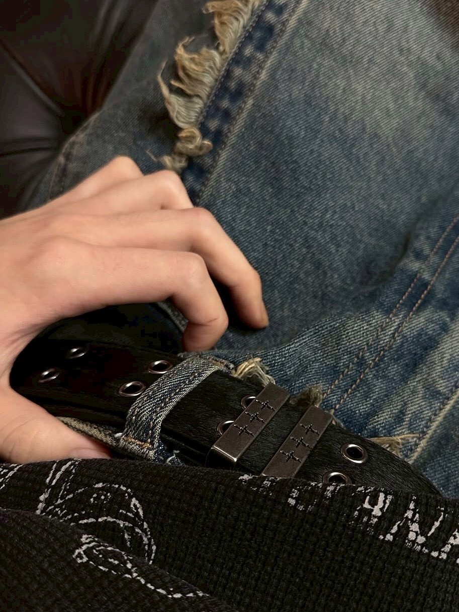 當火韓牌 444 NOT4NERD 爆款單品 暗黑馬毛雙扣金屬皮帶