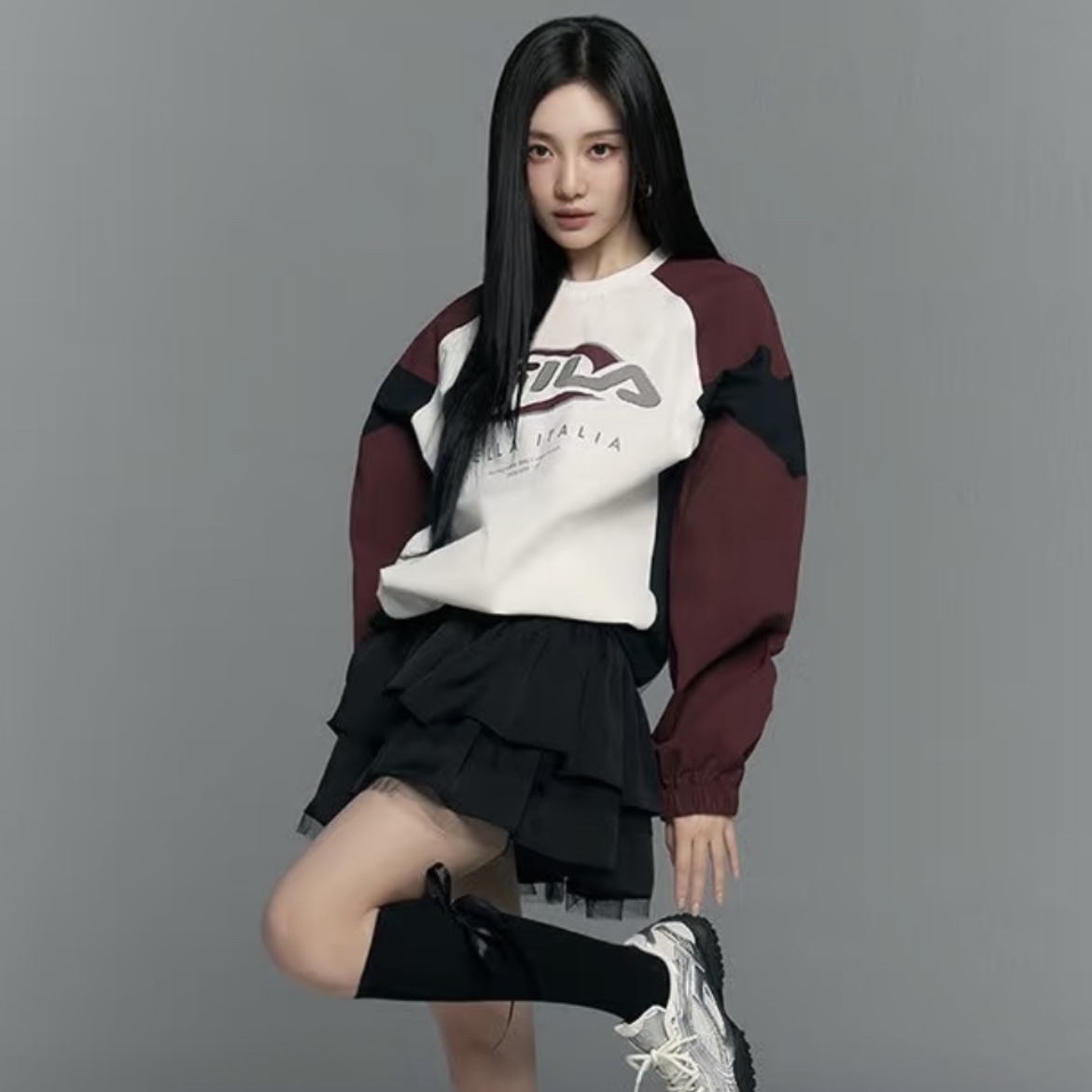 FILA 酒紅色 胸前LOGO 印花拼色 圓領 女明星同款 長袖 男女 秋冬服飾