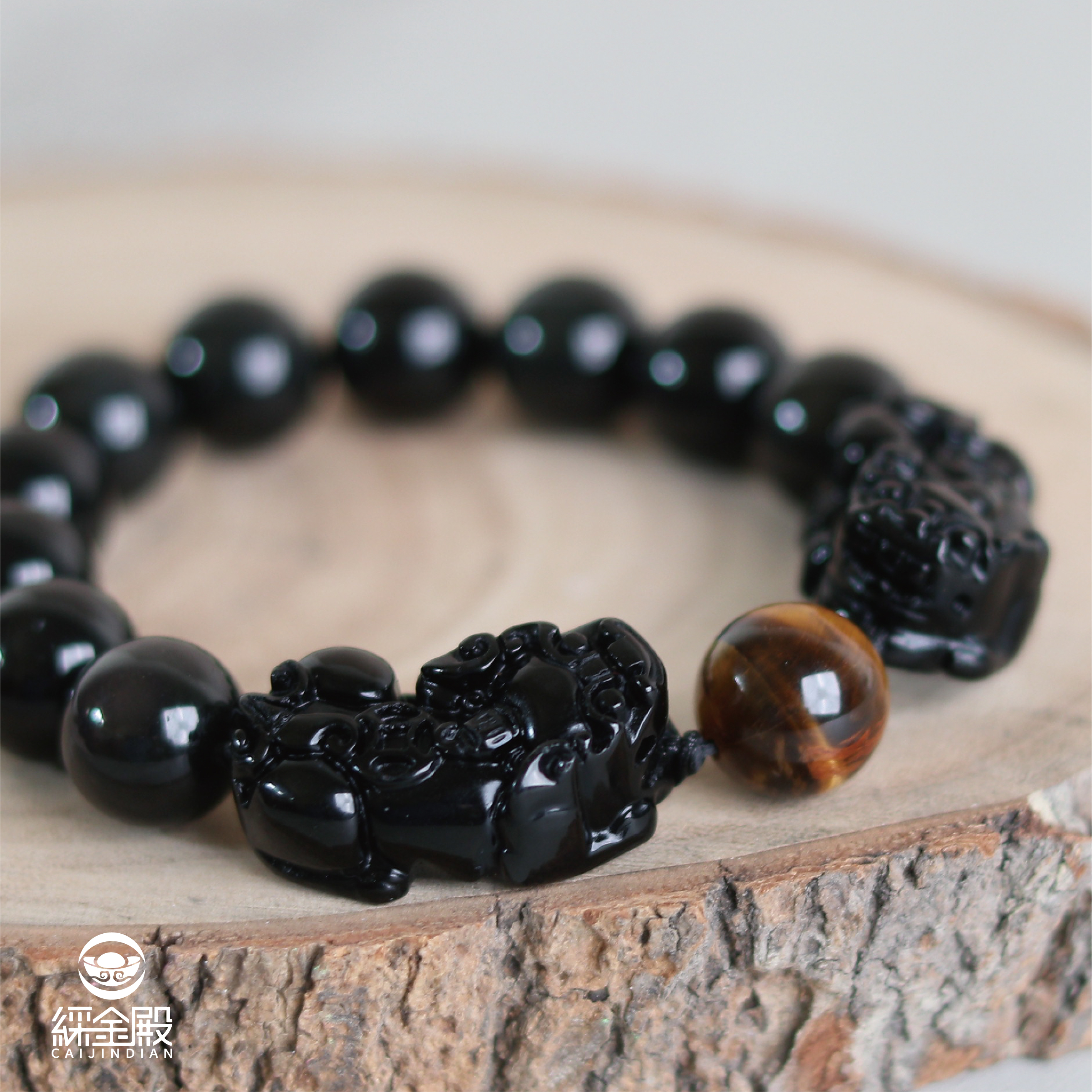 虎眼石雙貔貅黑曜石手鍊-14mm｜招財｜防小人｜擋煞｜ 避邪【綵金殿】