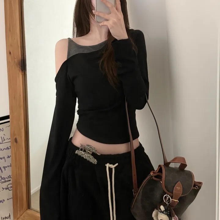 【優惠價預訂】韓國不對稱露肩假2件長袖上衣（4色）