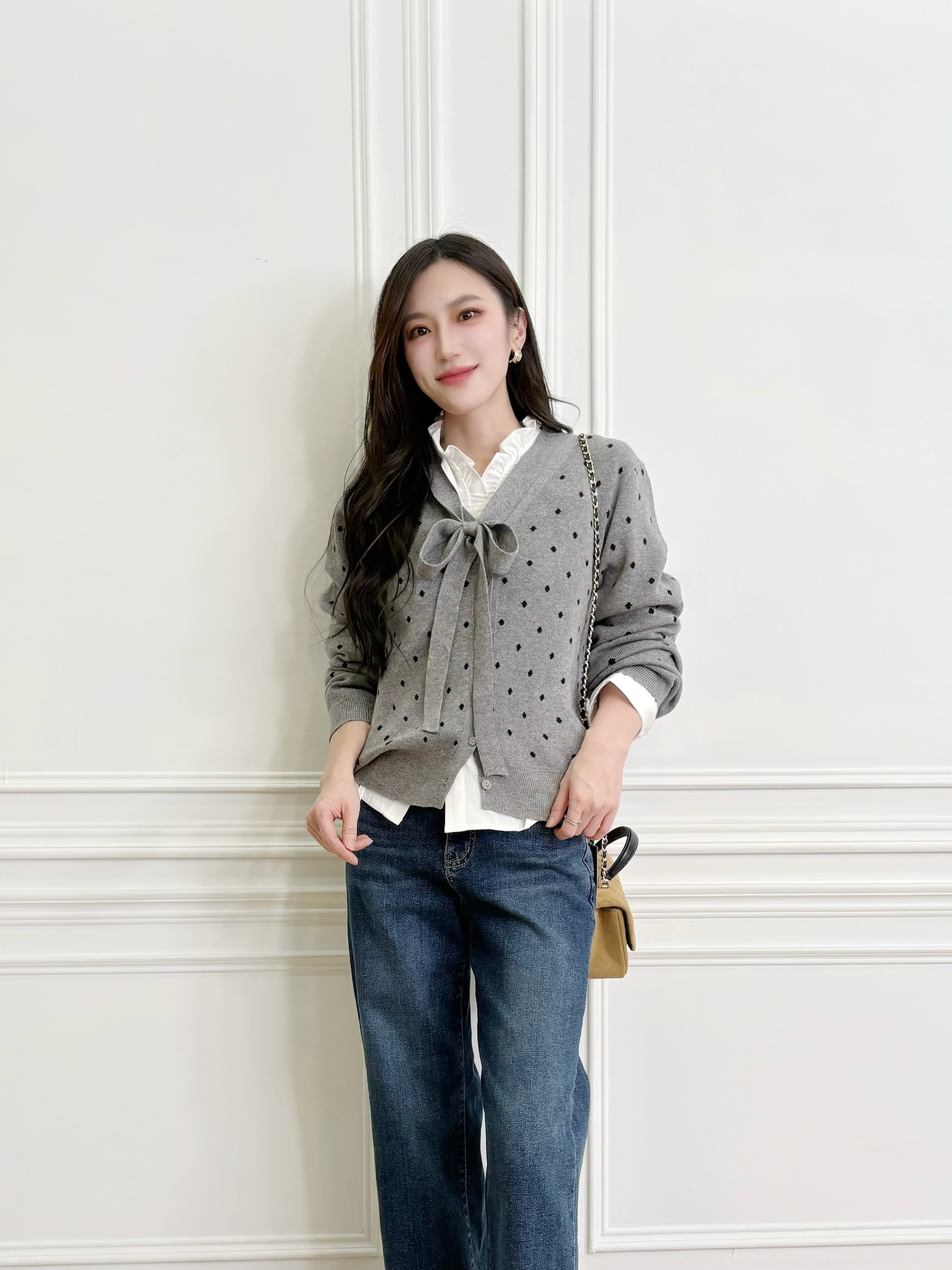 點點綁帶針織開襟衫
