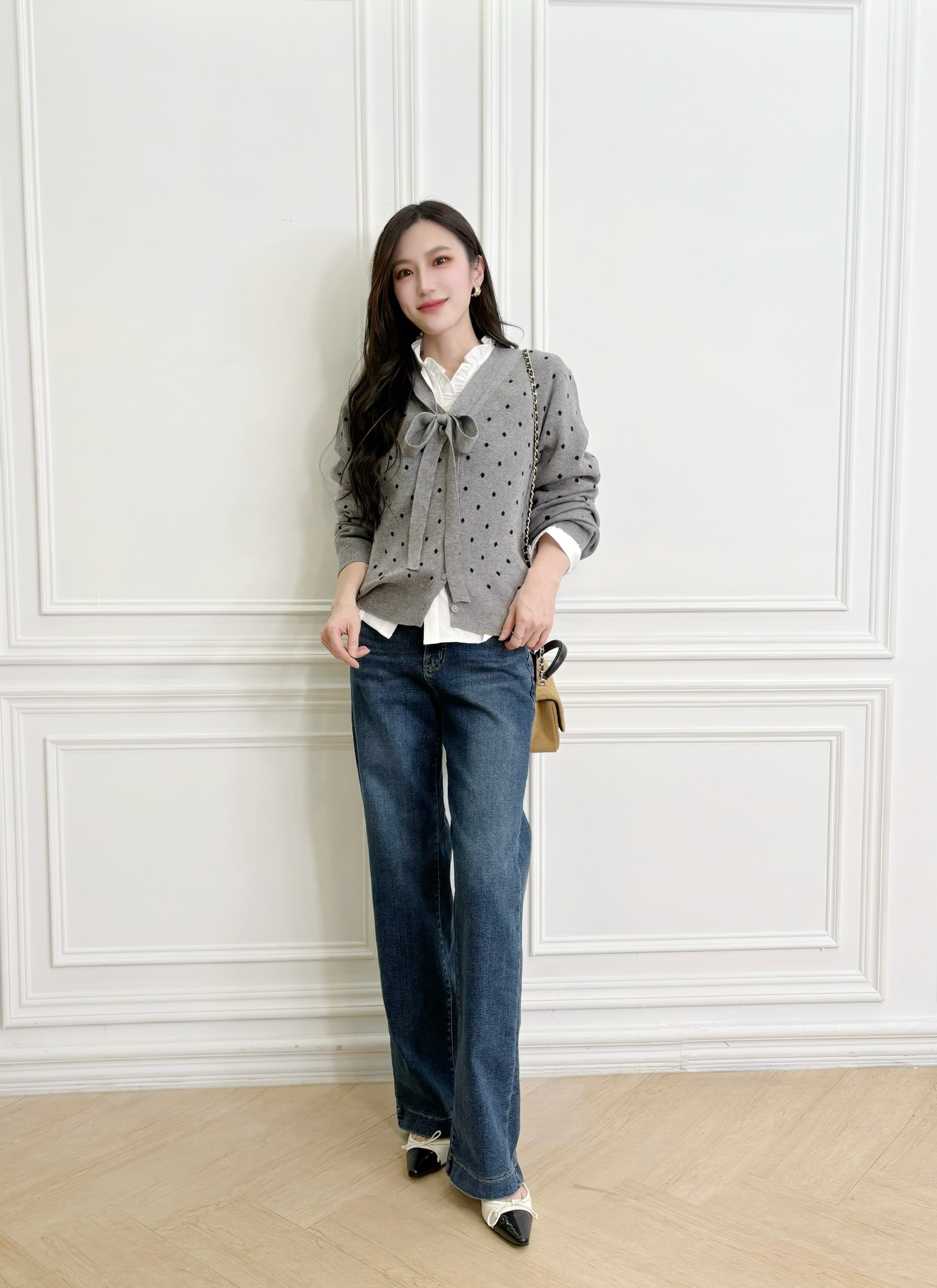 點點綁帶針織開襟衫