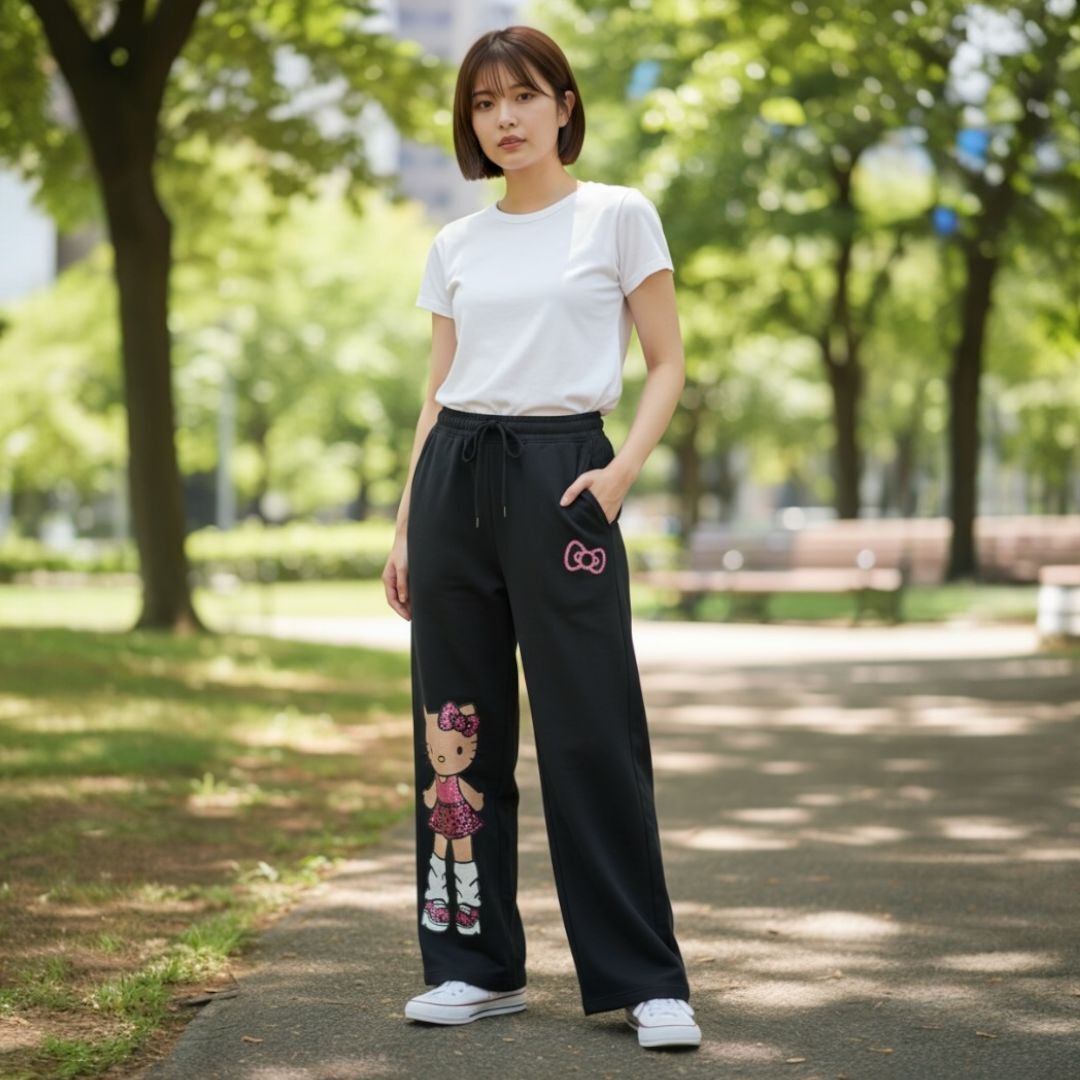 26013-KT Sanrio Hello Kitty 日燒 Loose Socks 造型印花家居褲 黑色 #JP-SM-25-213BK