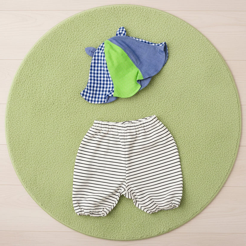 RMC01B002BL Rag-mart 藍色和風春日碎花條紋拼布造型帽連褲套裝