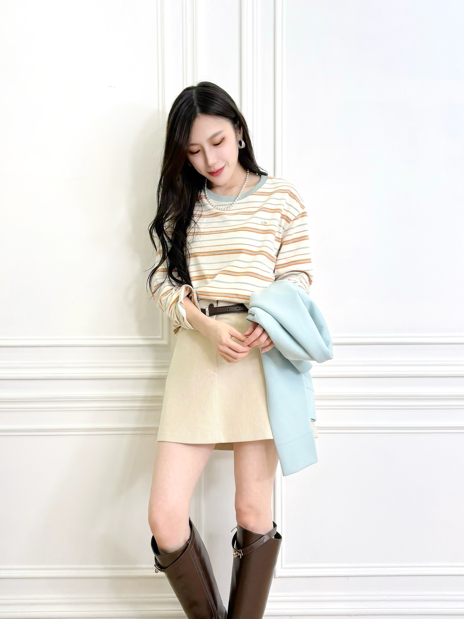 (顯嫩軟萌) 條紋棉料長袖上衣