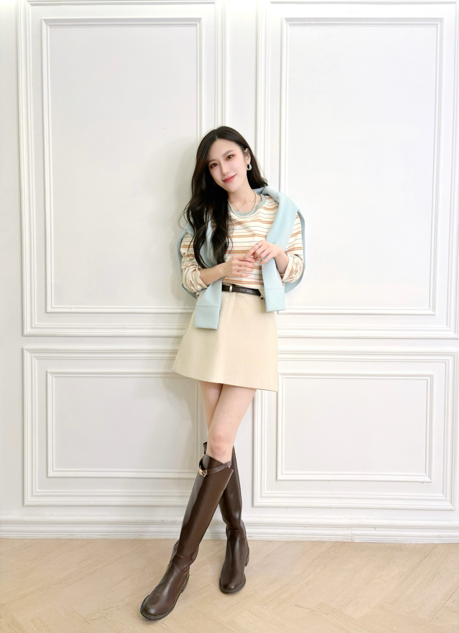 (顯嫩軟萌) 條紋棉料長袖上衣