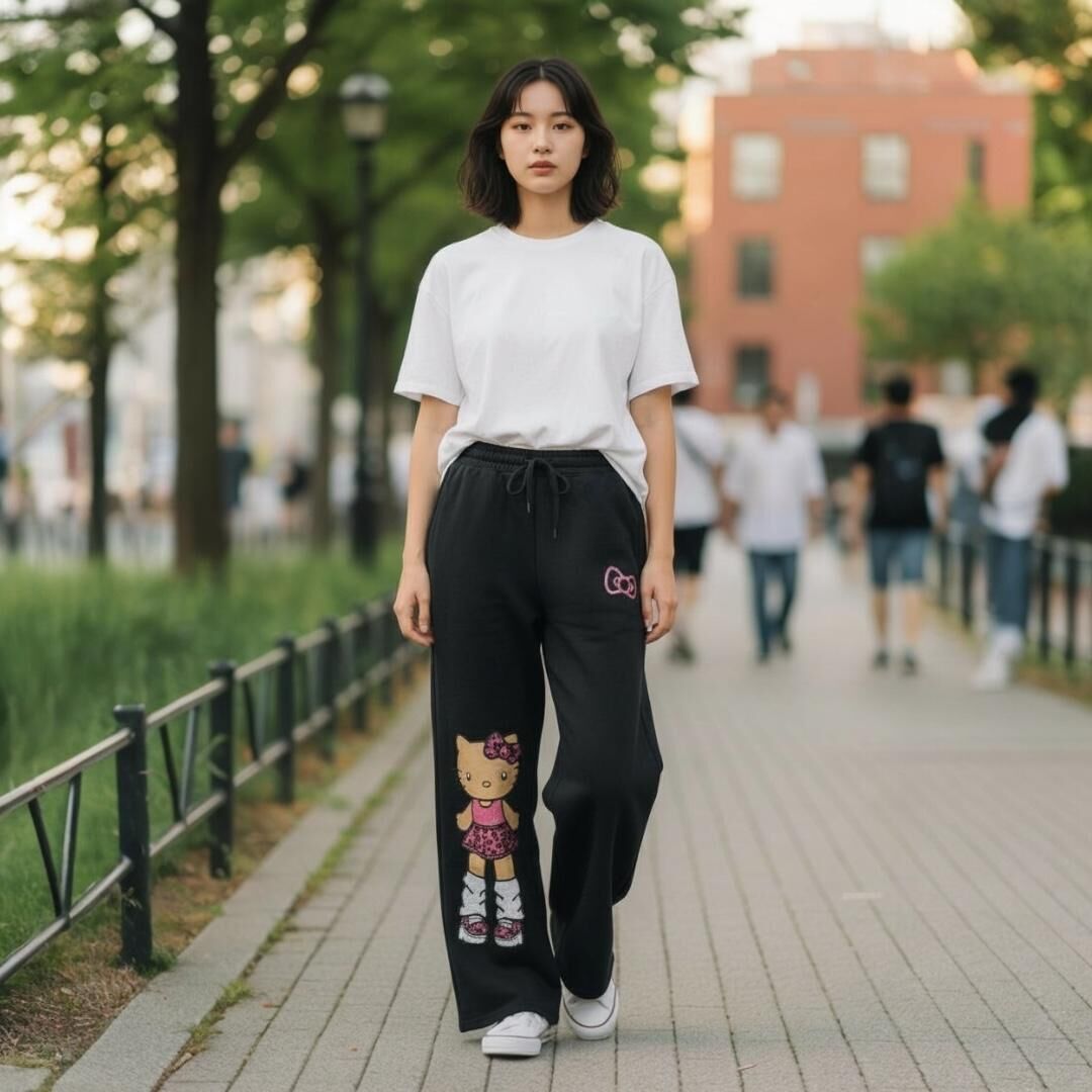 26013-KT Sanrio Hello Kitty 日燒 Loose Socks 造型印花家居褲 黑色 #JP-SM-25-213BK