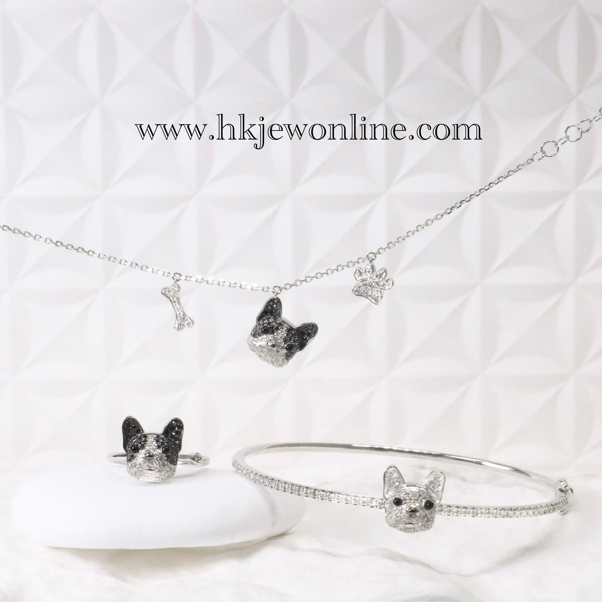 18K White Gold Diamond French Bulldog Jewelry Collection (Bracelet / Bangle / Ring)
