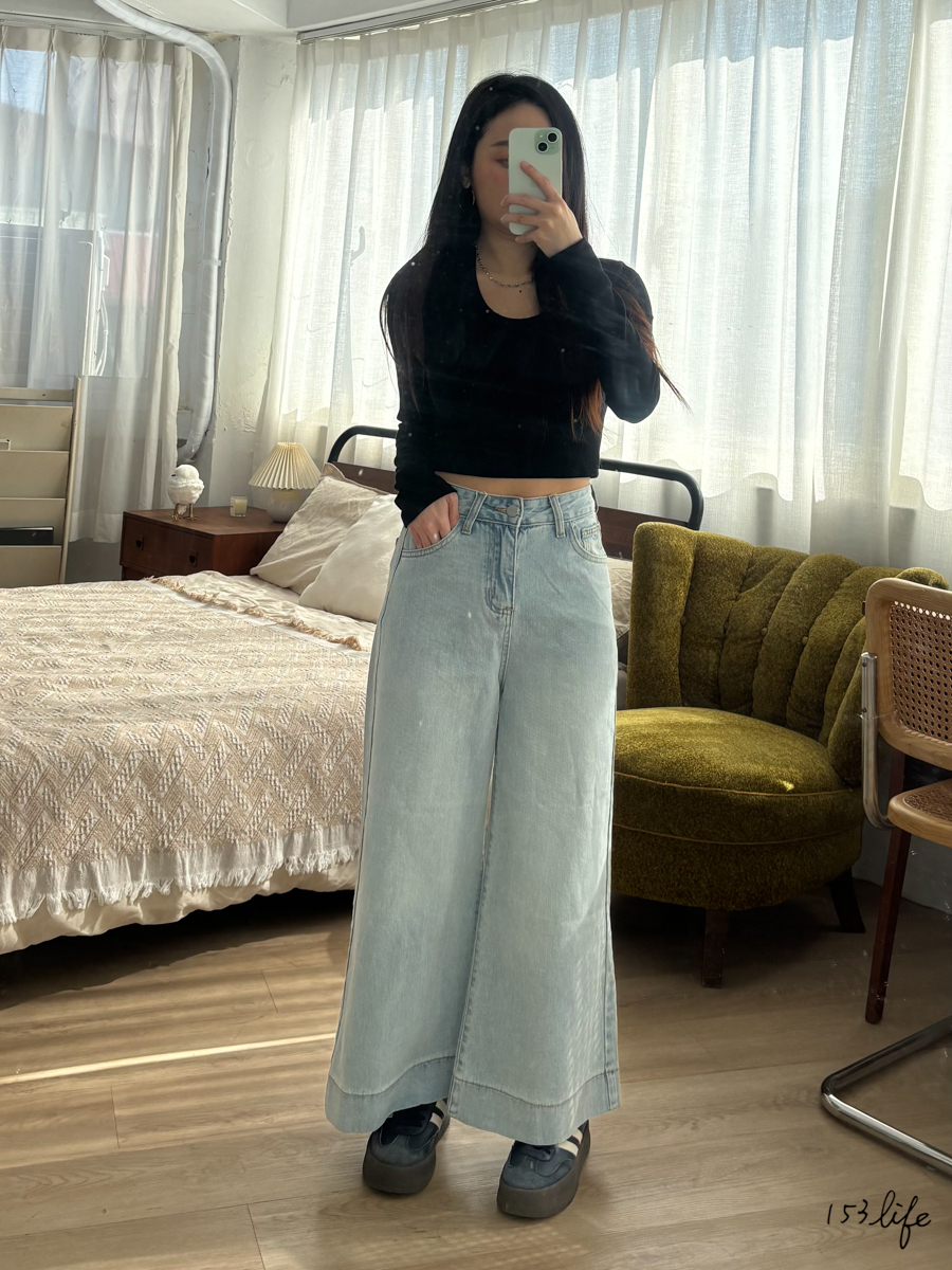 ⛄️(加絨/一般)淺藍小個子顯瘦直筒喇叭寬褲(XXS-XL)(九分/長款)