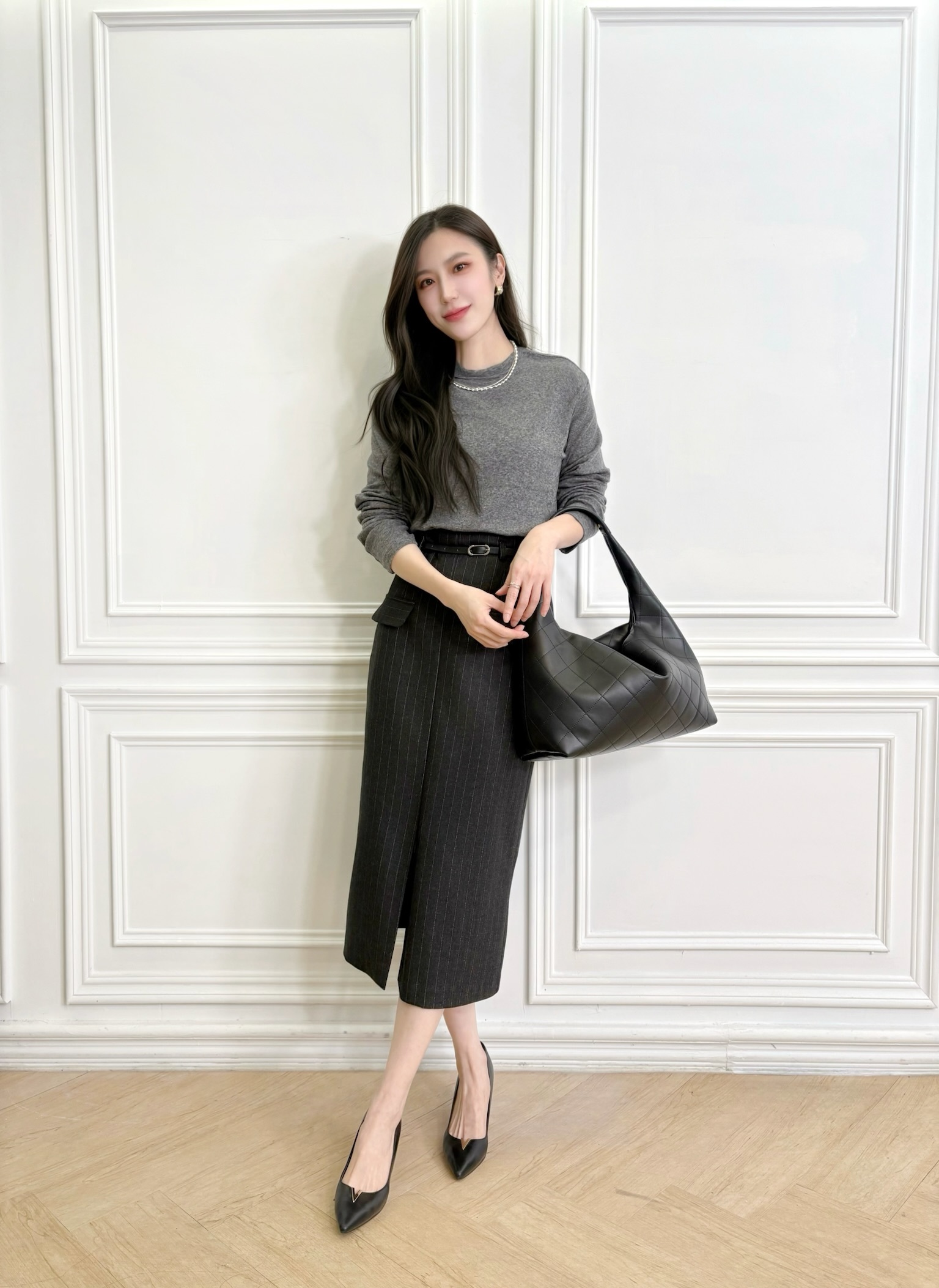 條紋腰帶雙裁片直筒裙