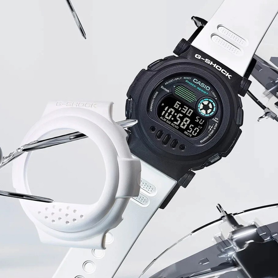 【CASIO 卡西歐】G-SHOCK 爽快簡潔的白色設計 由藍色和紫色的元素加以點綴 多功能耐衝擊 電子錶 手錶 G-B001SF-7