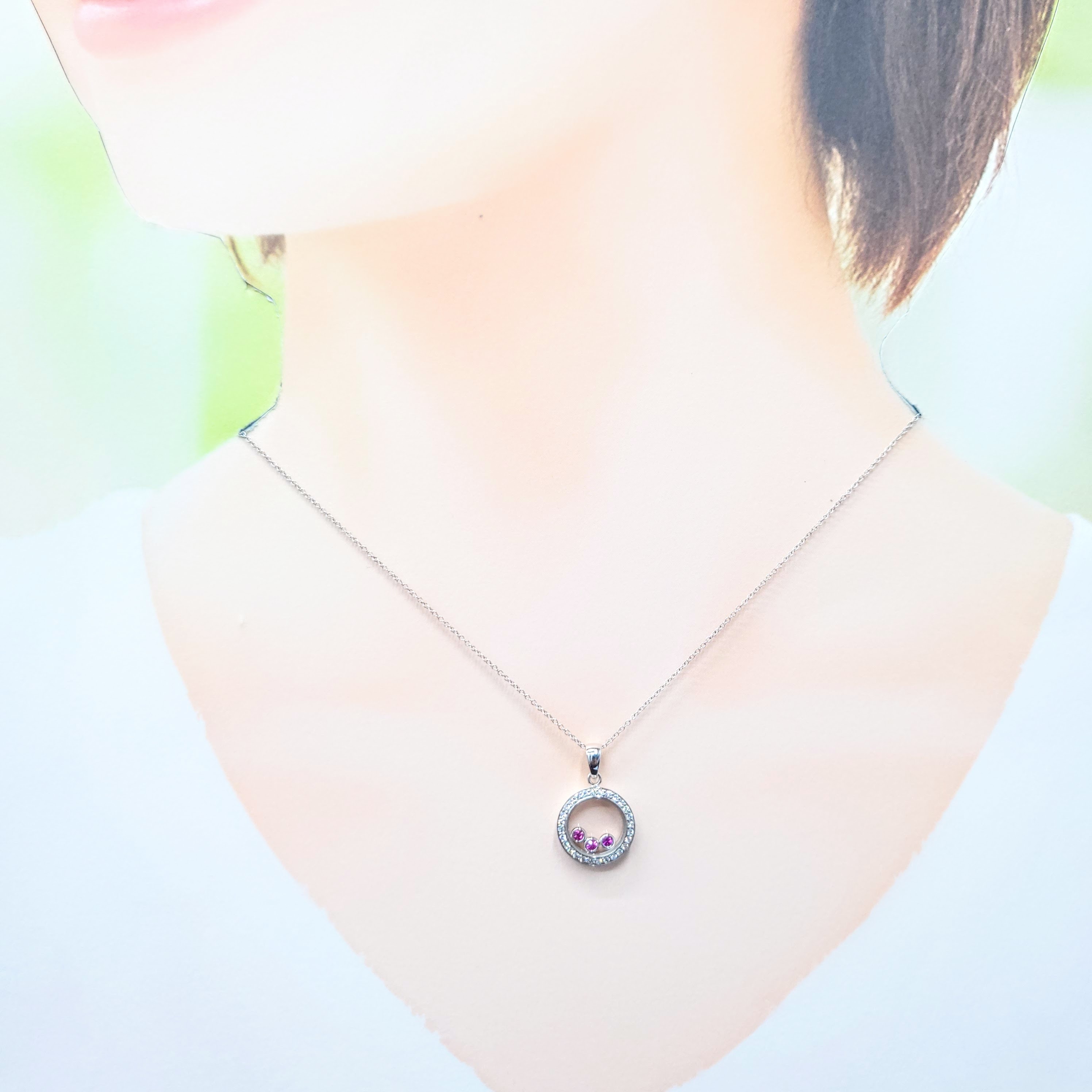 全新18K白金17份鑽石配9份粉紅藍寶吊墜