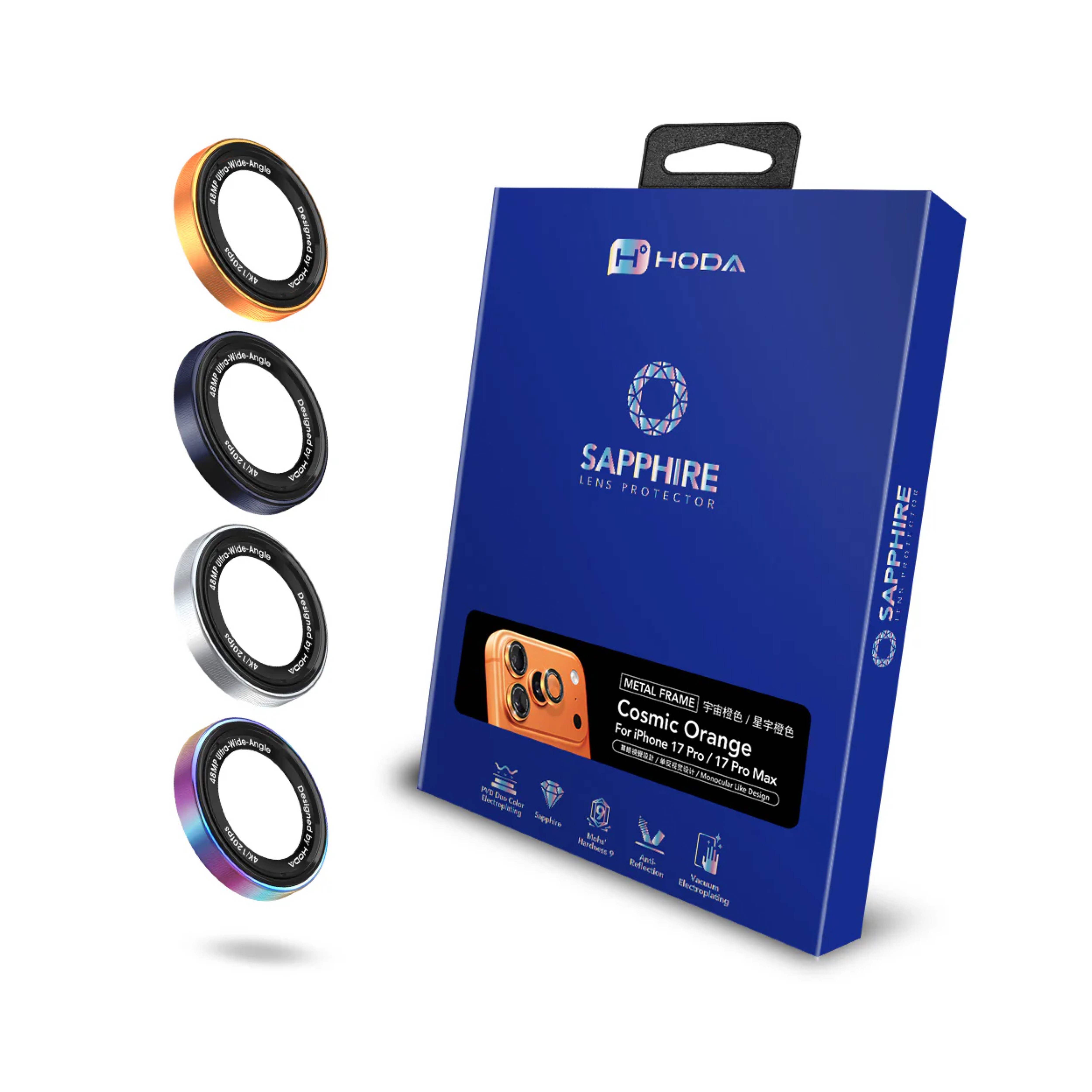 Hoda iPhone 17 Pro / 16 Pro / 15 Pro 系列 單眼視覺設計藍寶石鏡頭保護貼