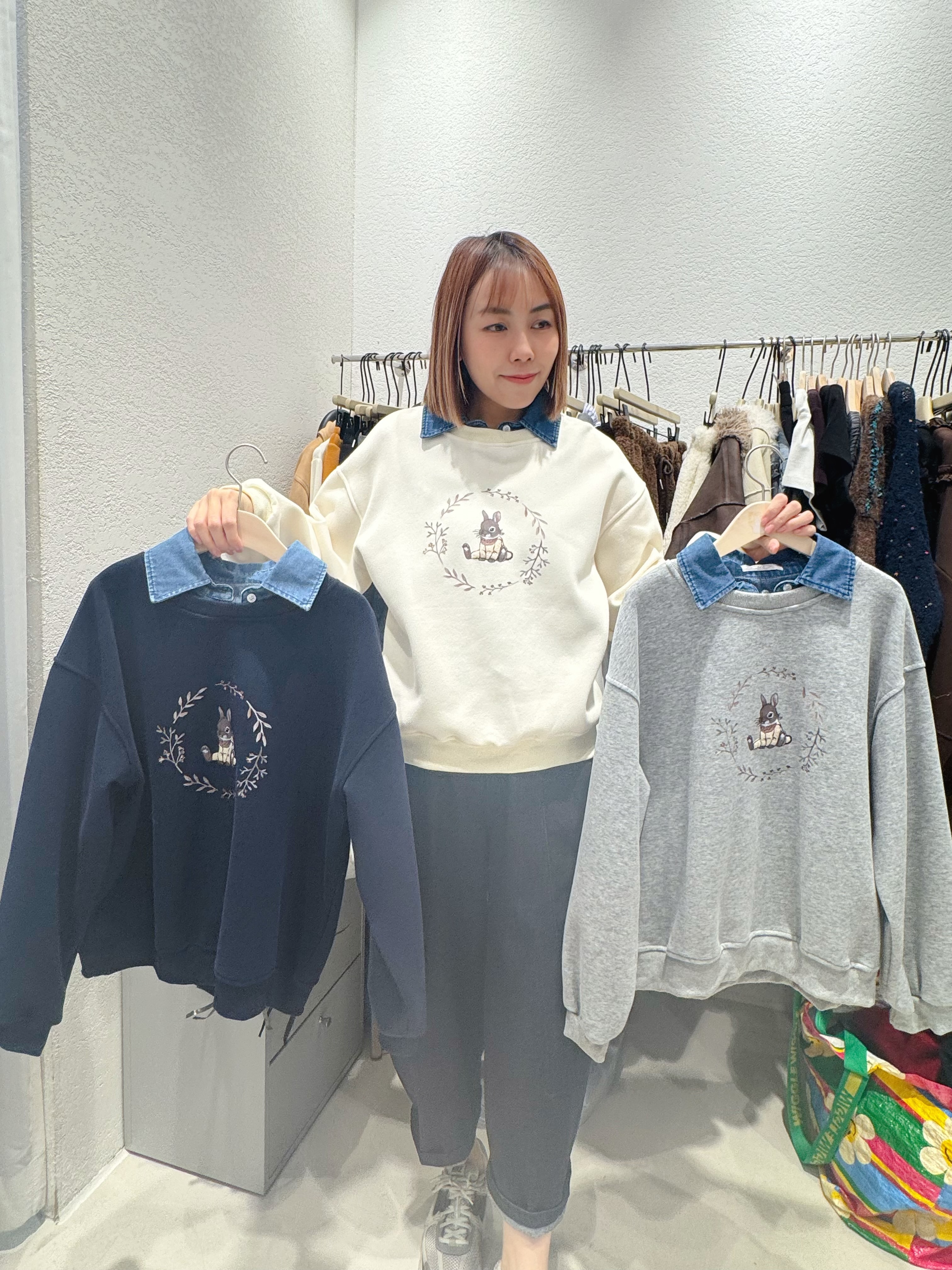 A1MO08 兔仔衛衣拼牛仔Shirt*3色