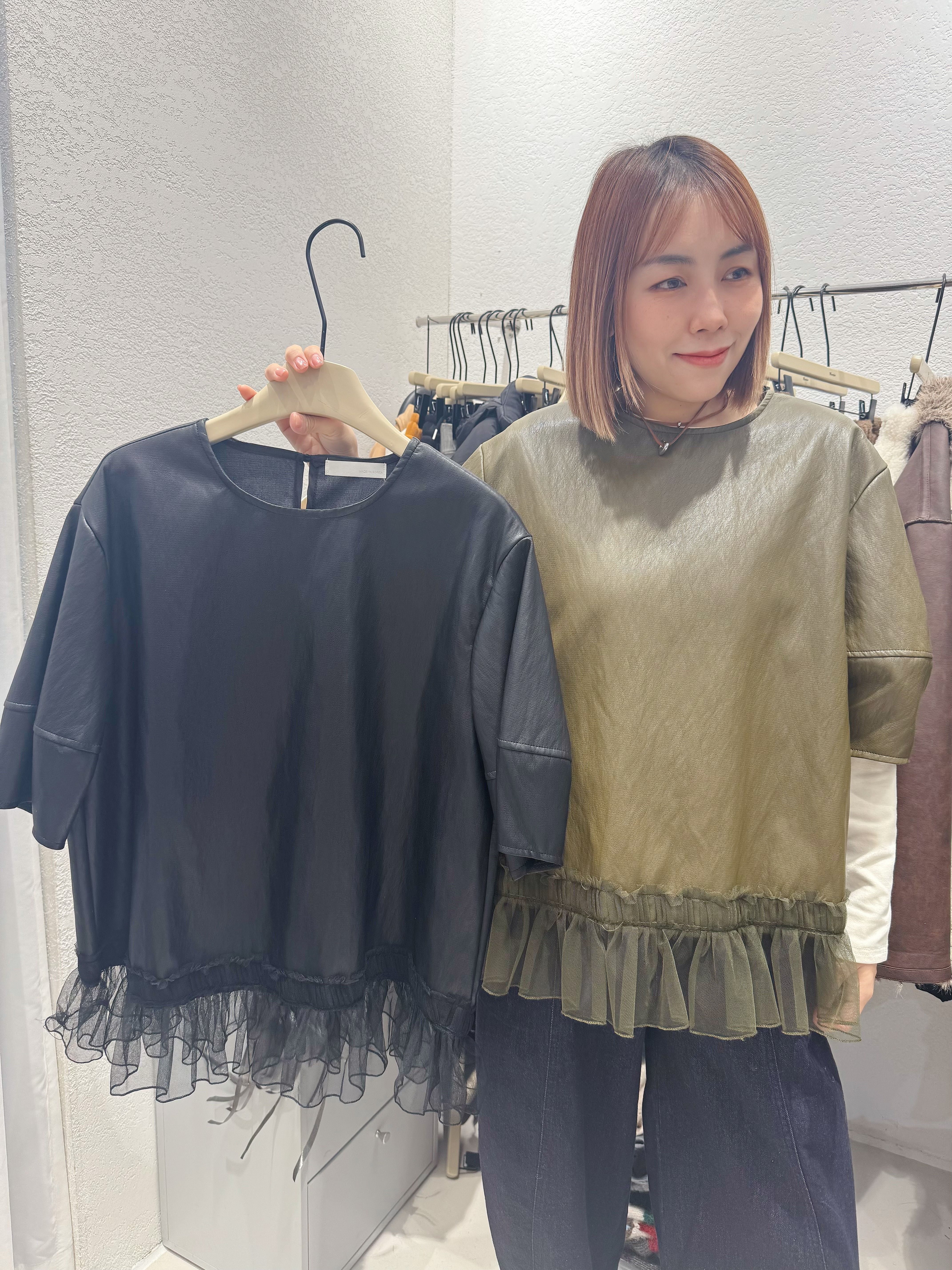 A1MO03 仿皮網紗腳Top*2色