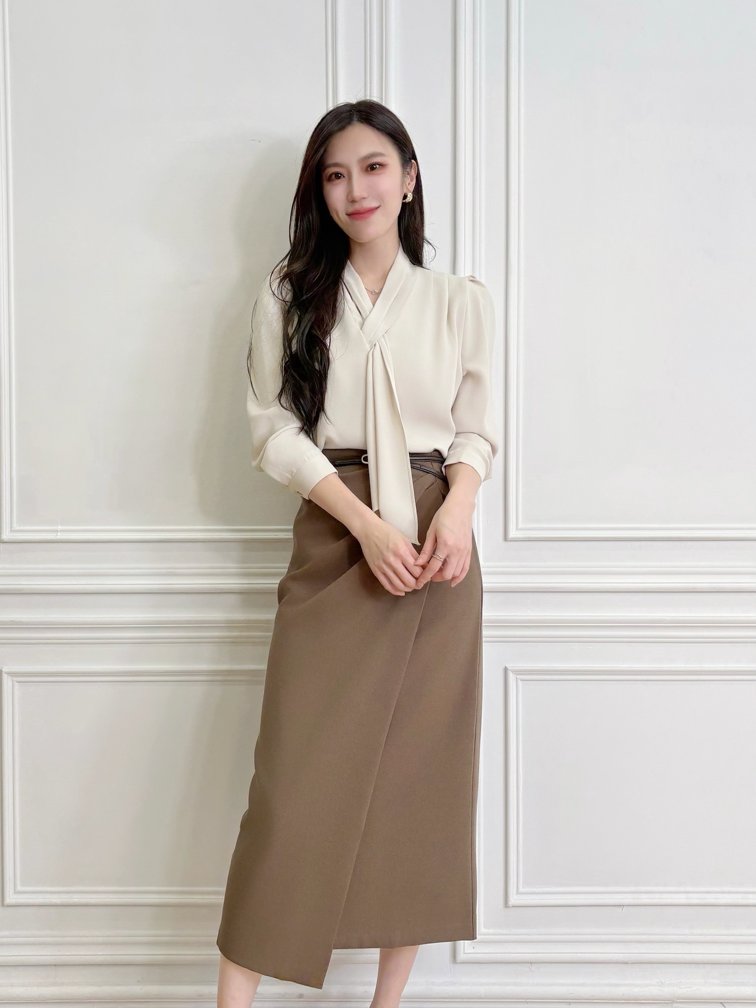 側抓皺裁片長裙