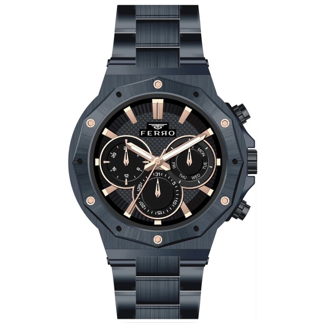 【FERRO 費羅】 FM11365AWT 商務 質感 夜光指針 不鏽鋼 真三眼 男士 腕錶