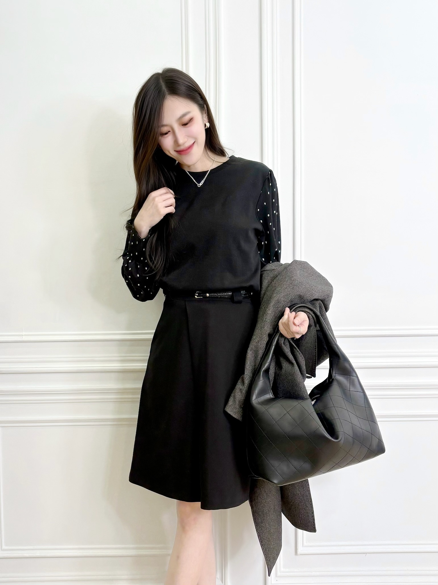 袖點點拼接棉料上衣