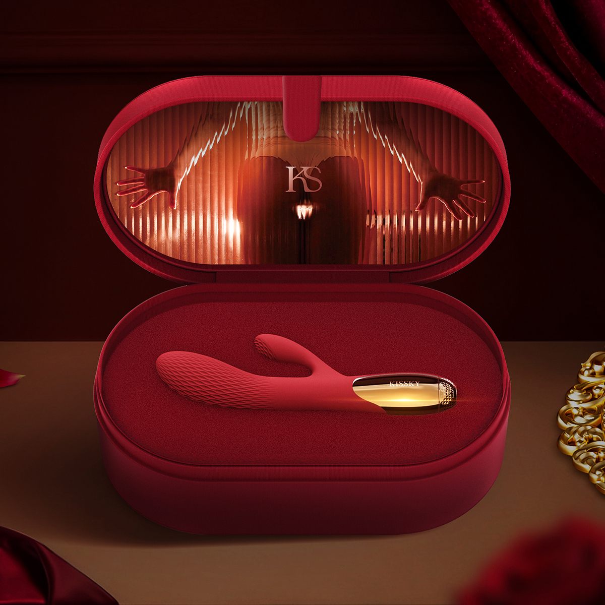 【最新奢華品牌】KISSKY 溫感雙頭擺動按摩棒 質感絲絨首飾盒包裝