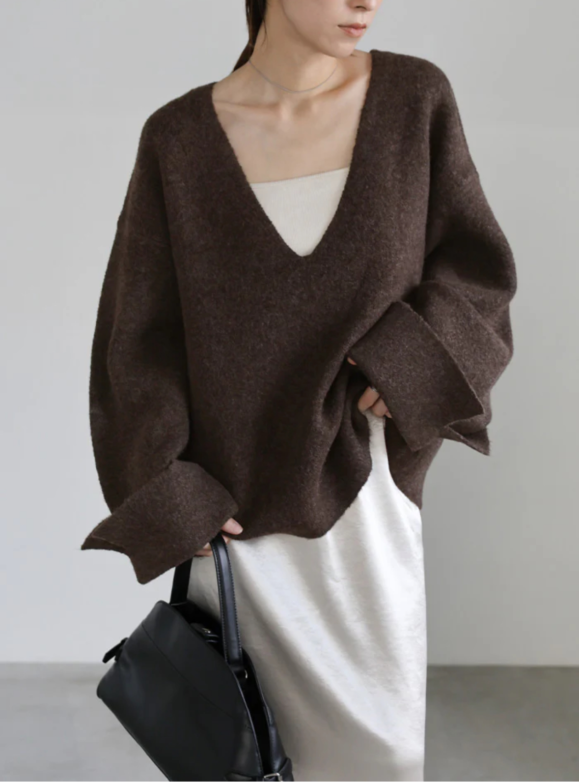 SELECT MOCA ワイドスリーブVネックニット咖啡色（kt225108）