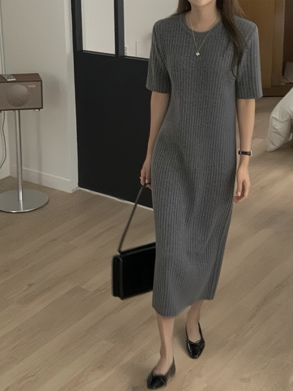 #228N652 帶來舒適的粗坑 羊毛針織長裙