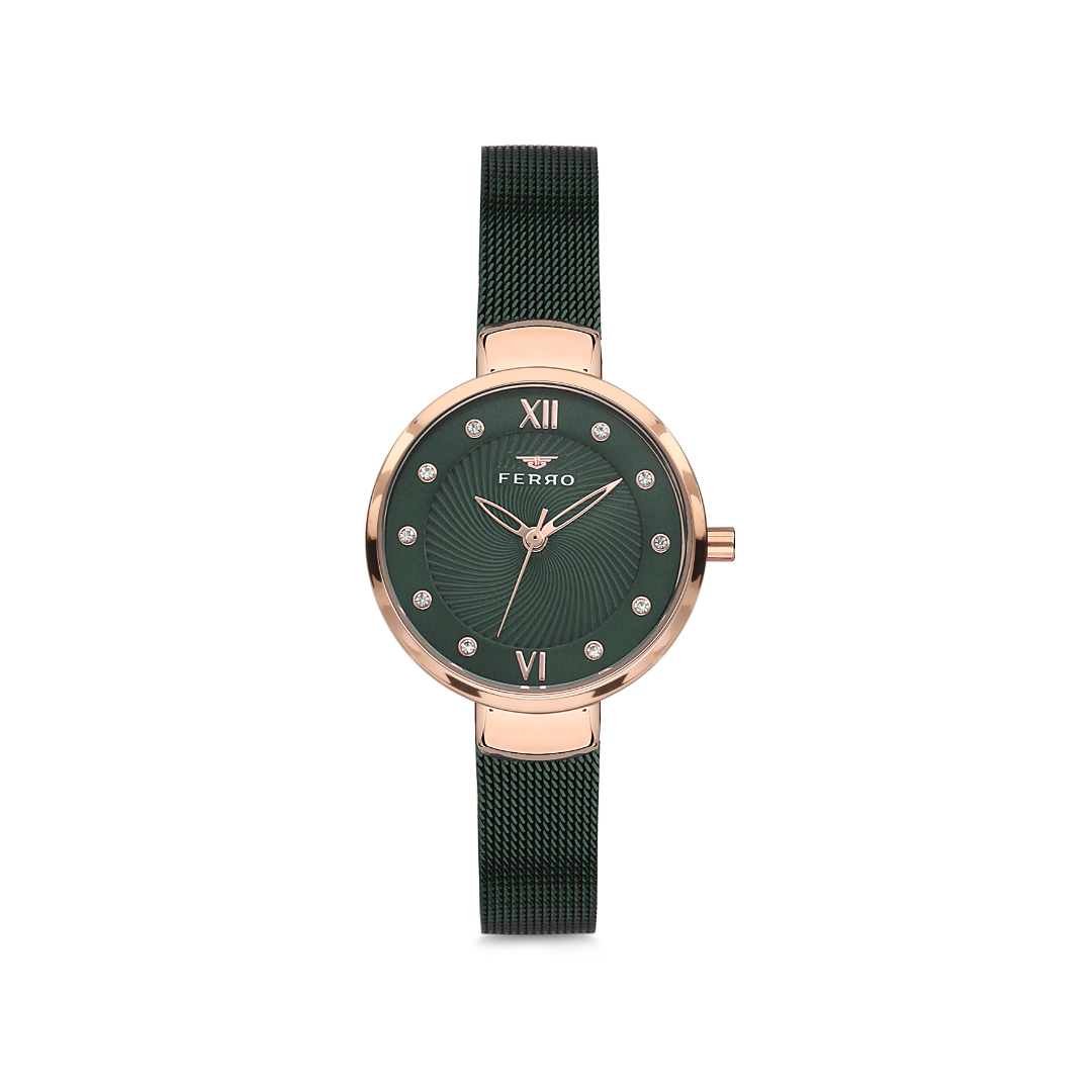 【FERRO 費羅】F1618 晶鑽時標 米蘭錶帶 不鏽鋼 女款 腕錶 手錶