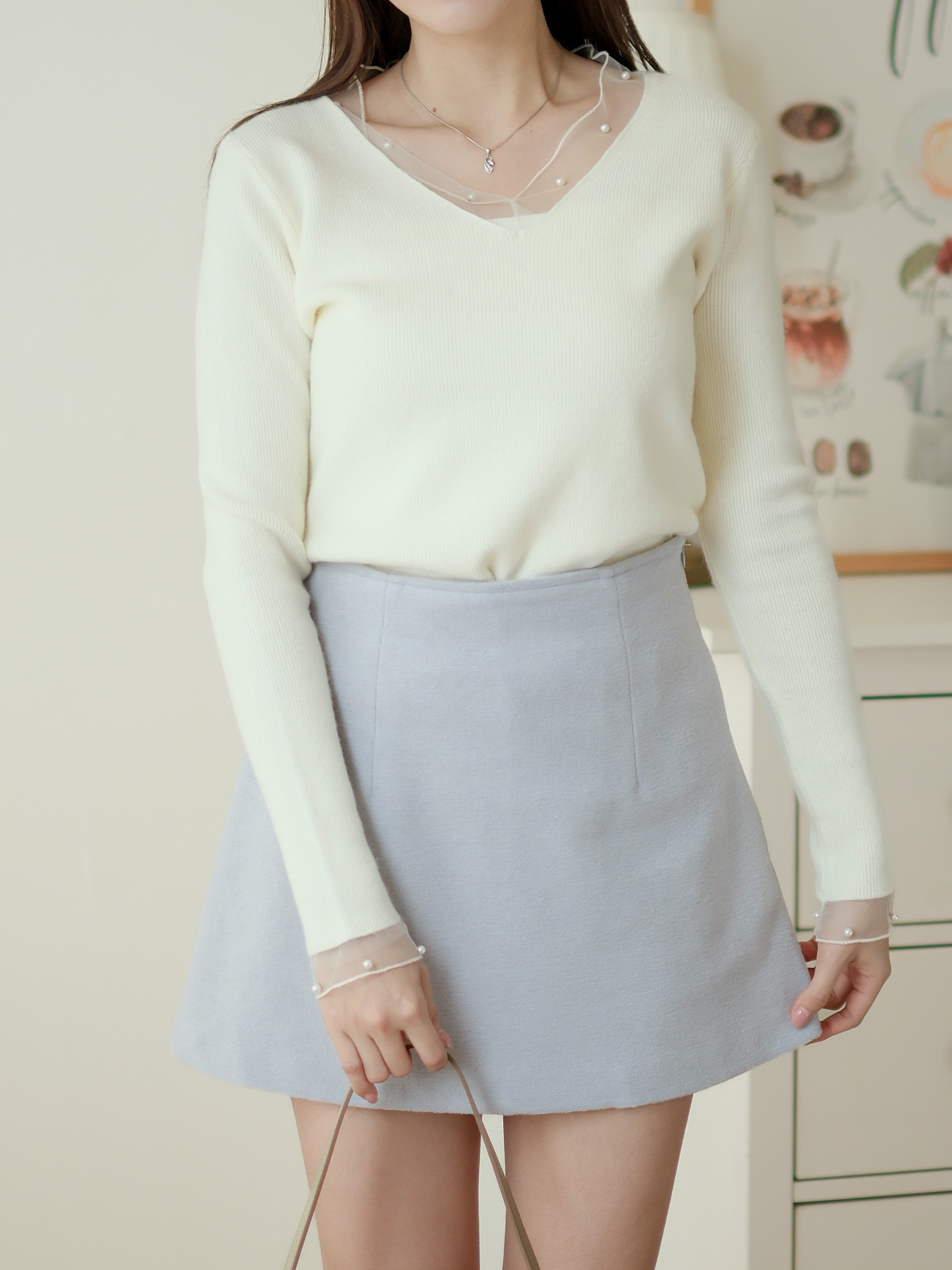 溫柔感微傘半裙 (米白/粉藍) BT459