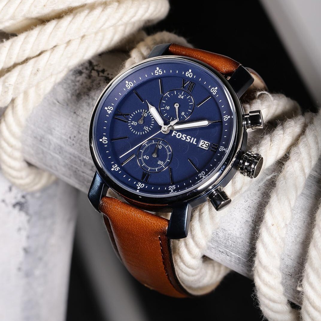 【FOSSIL】BQ2163 經典 雅仕 羅馬數字 銀藍 三眼 計時 皮革 石英錶