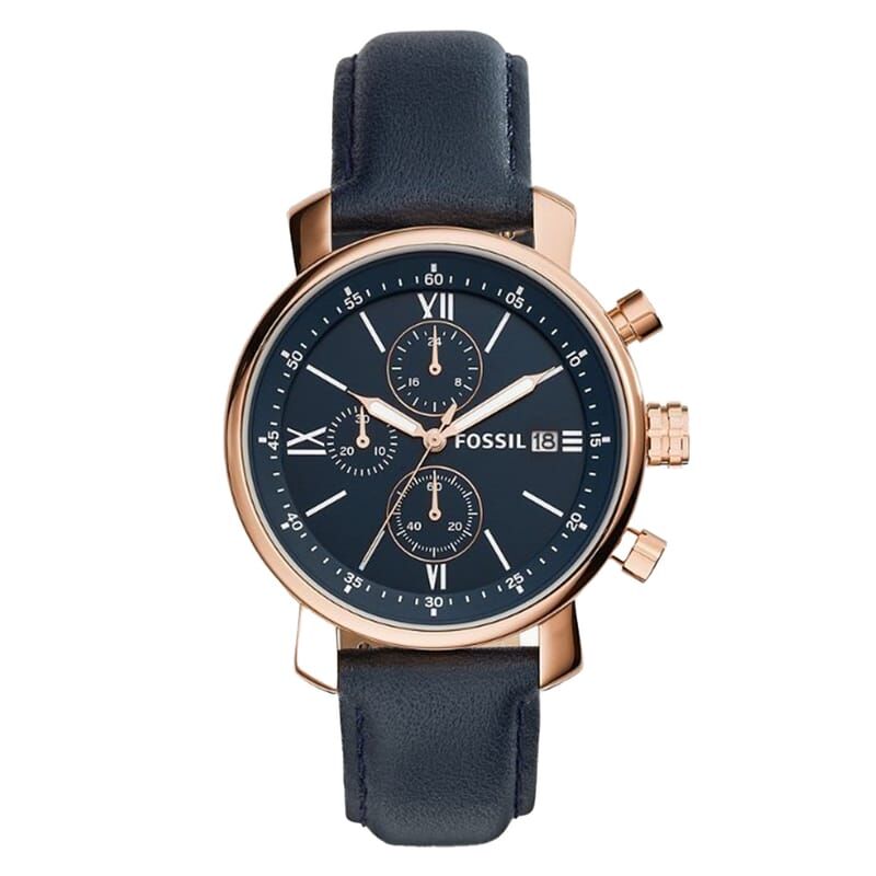 【FOSSIL】BQ1704 經典 雅仕 羅馬數字 銀藍 三眼 計時 皮革 石英錶